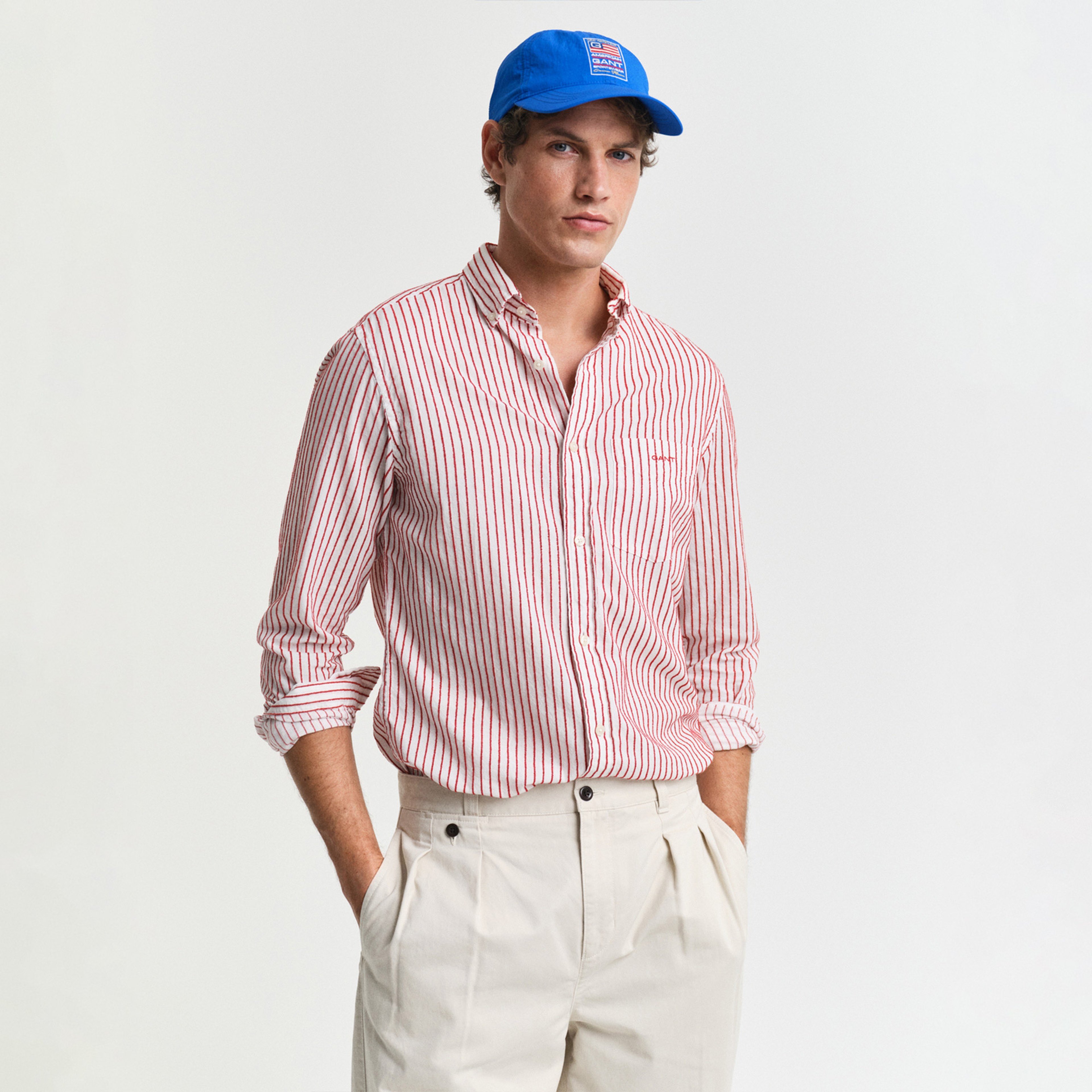 GANT Erkek Kırmızı Regular Fit Düğmeli Yaka Çizgili Gömlek