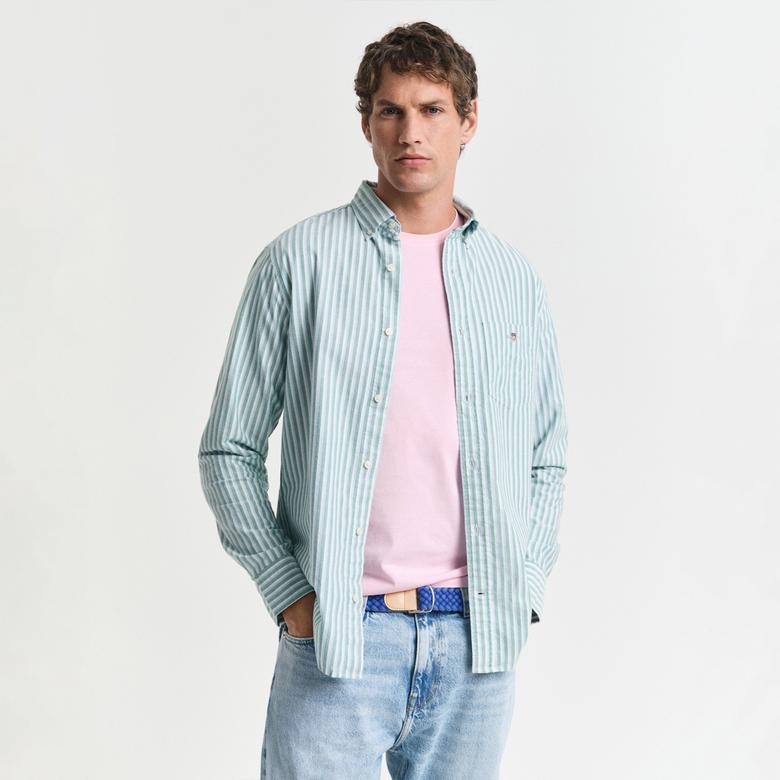 GANT Erkek Yeşil Regular Fit Çizgili Logolu Gömlek