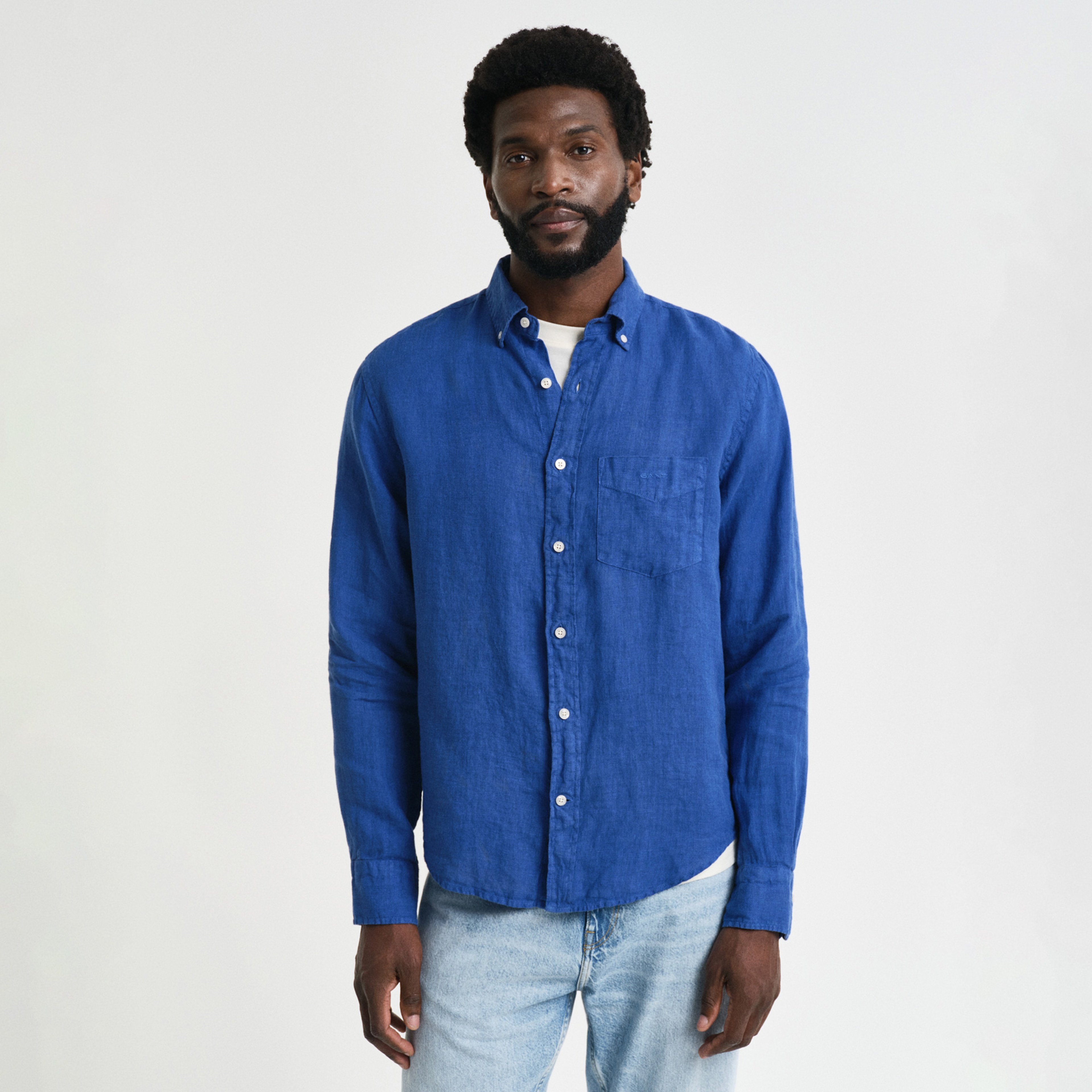 GANT Erkek Lacivert Regular Fit Düğmeli Yaka Keten Gömlek