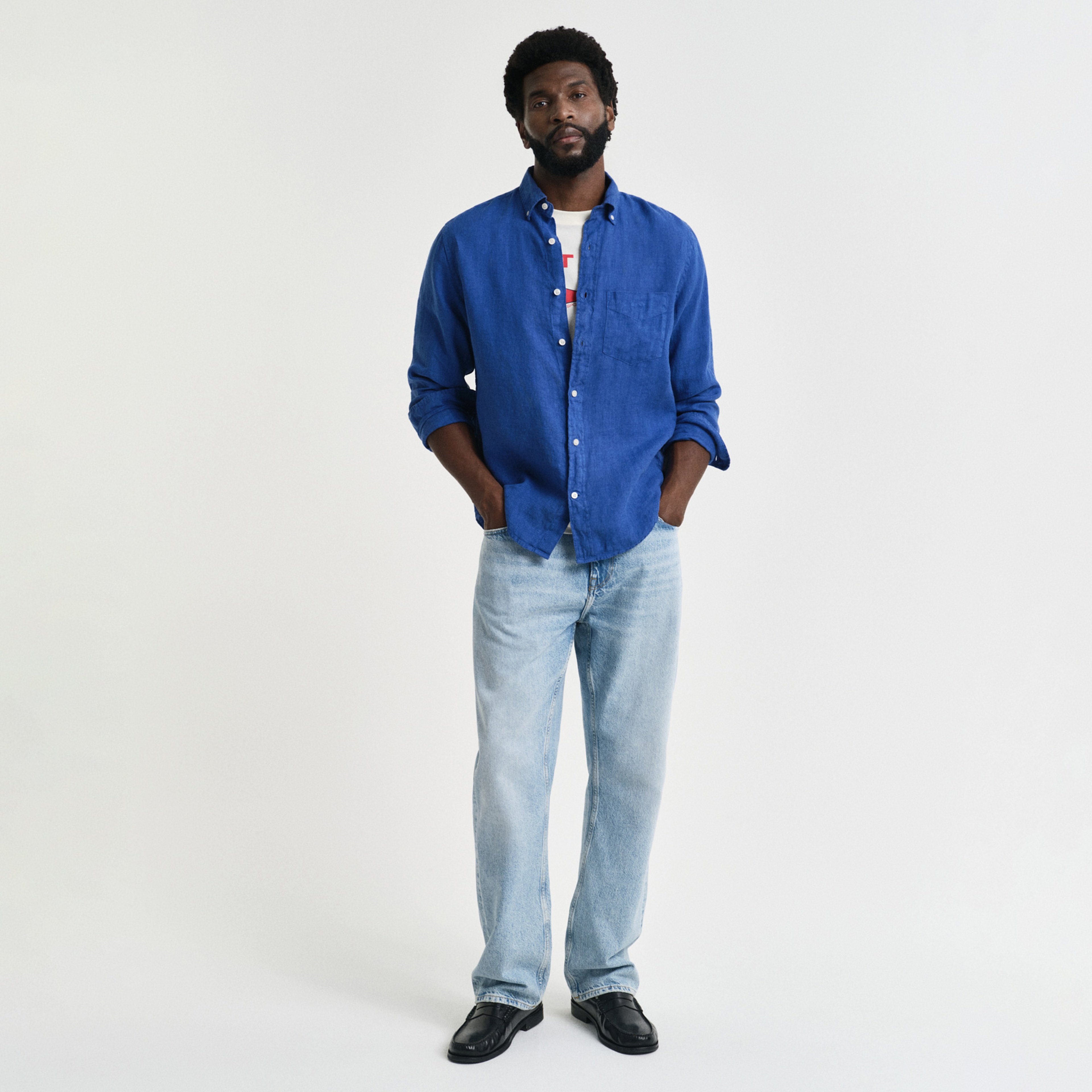 GANT Erkek Lacivert Regular Fit Düğmeli Yaka Keten Gömlek