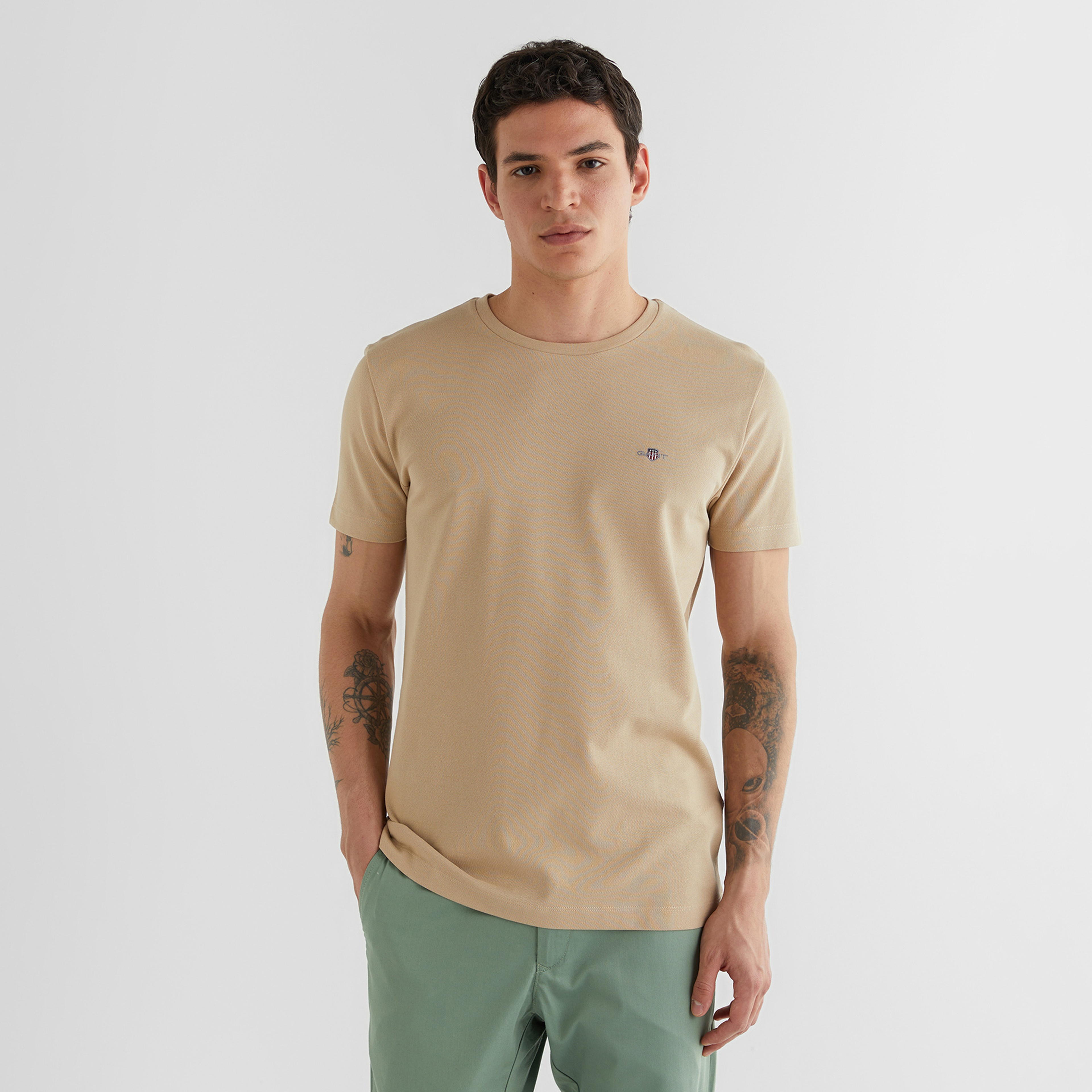 GANT Erkek Bej Slim Fit Bisiklet Yaka T-Shirt