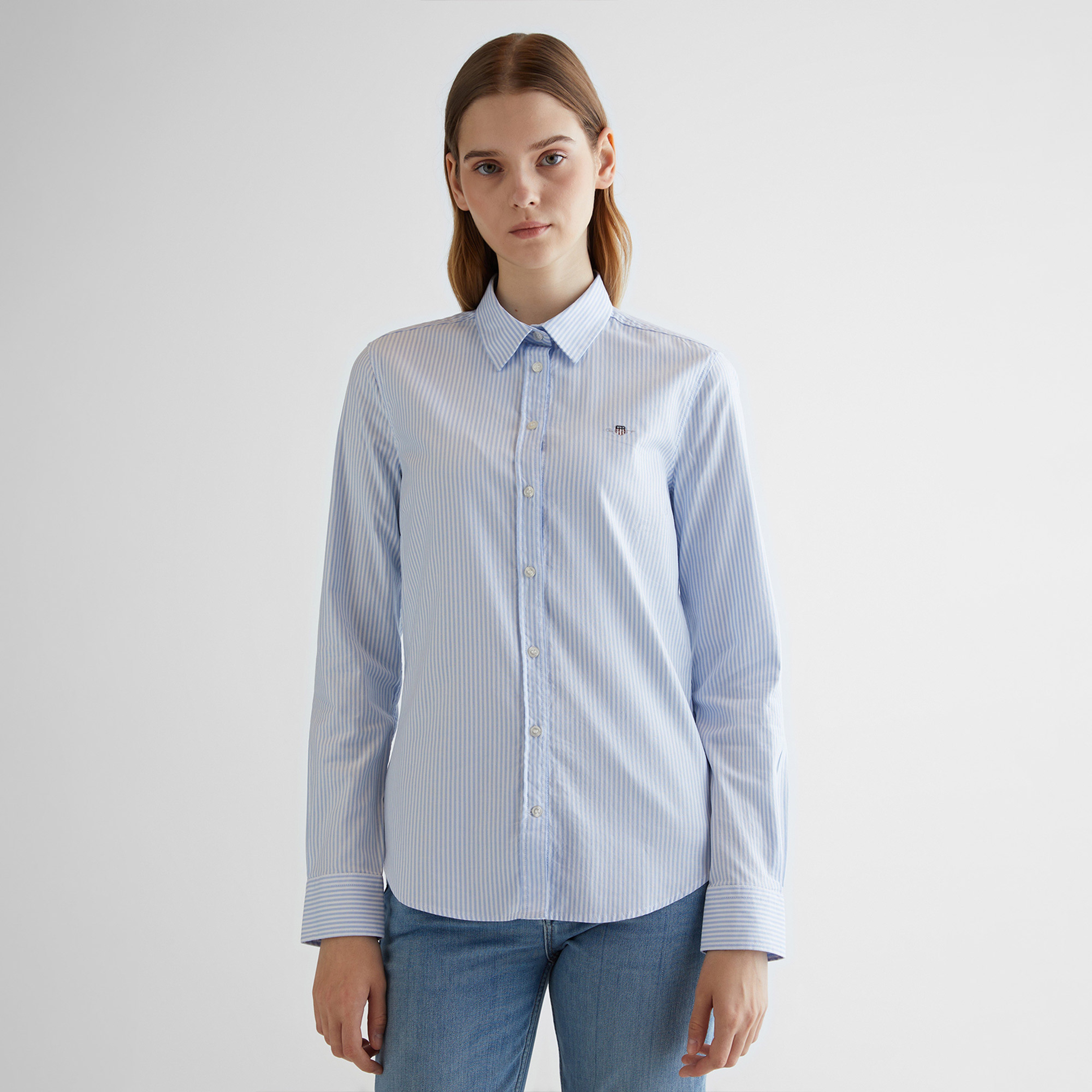 GANT Kadın Mavi Slim Fit Klasik Yaka Çizgili Oxford Gömlek