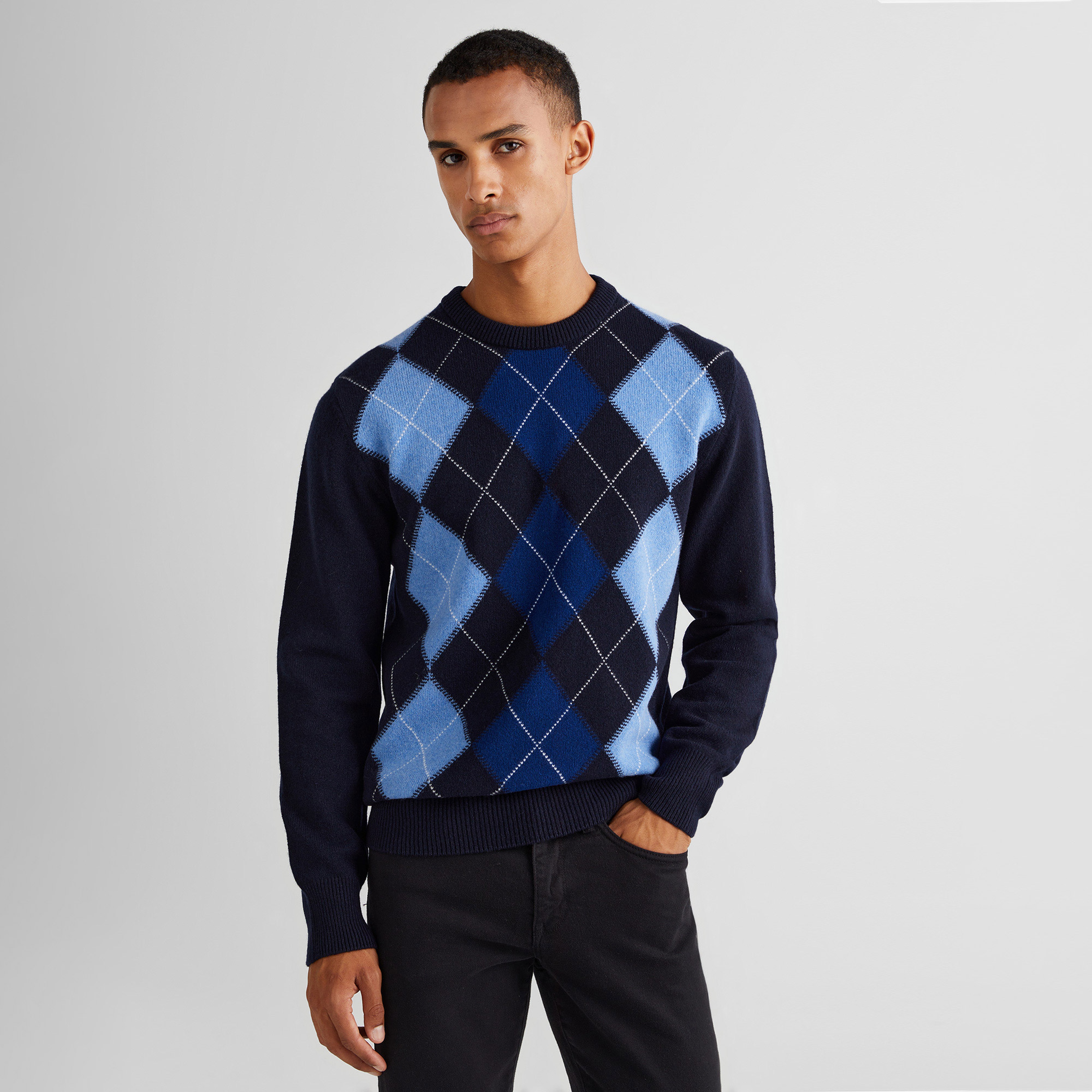 GANT Erkek Lacivert Regular Fit Bisiklet Yaka Desenli Yün Kazak