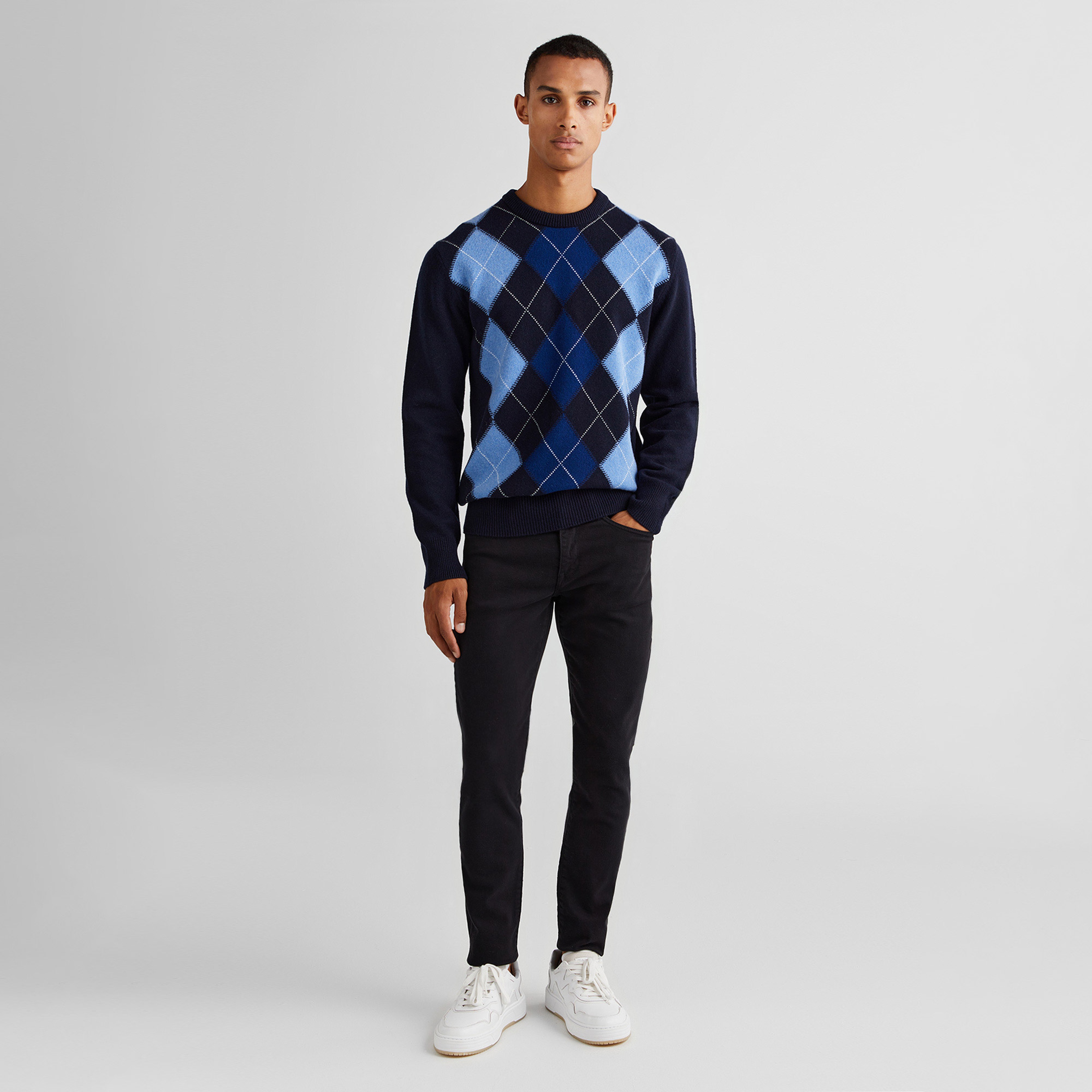 GANT Erkek Lacivert Regular Fit Bisiklet Yaka Desenli Yün Kazak