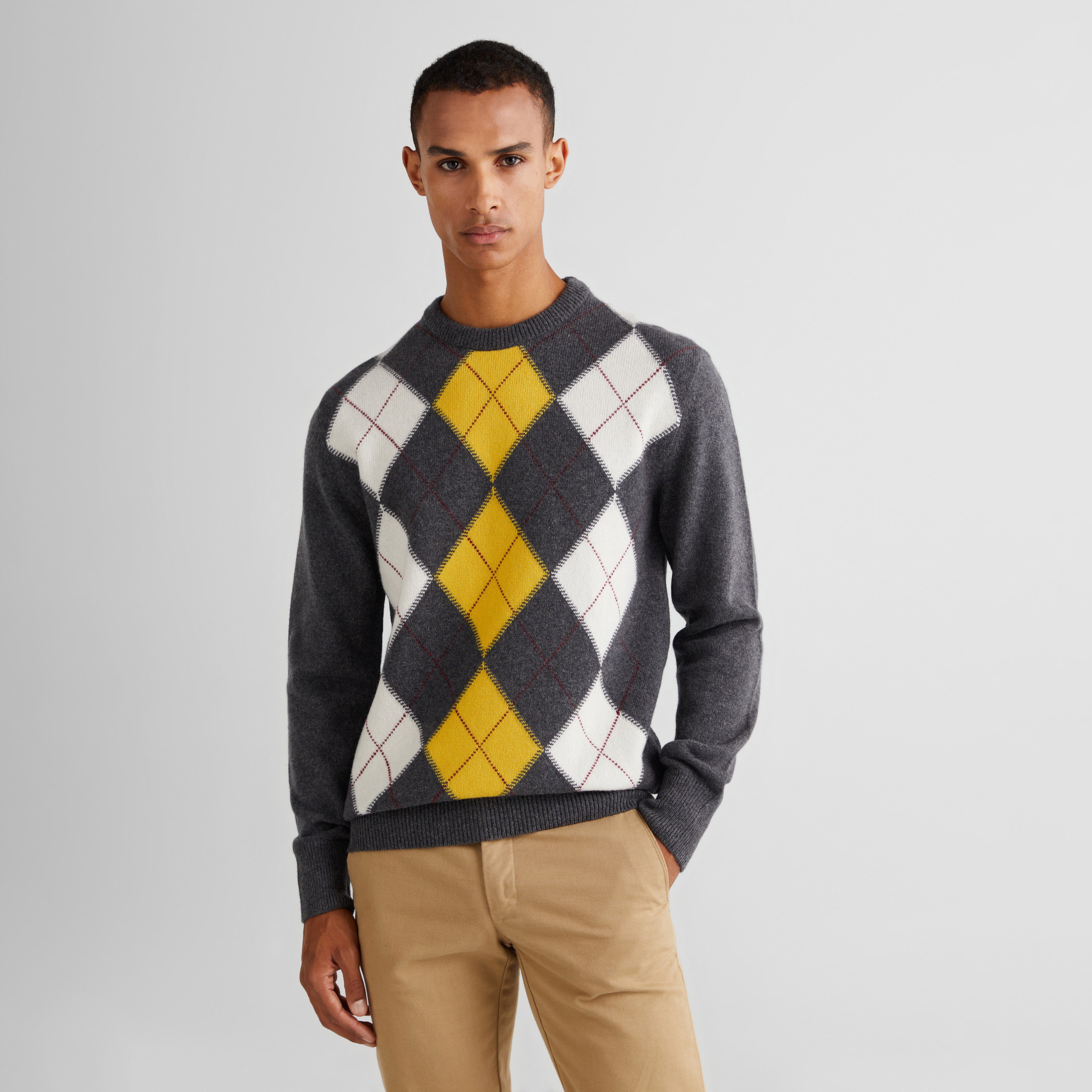 GANT Erkek Gri Regular Fit Bisiklet Yaka Desenli Kazak