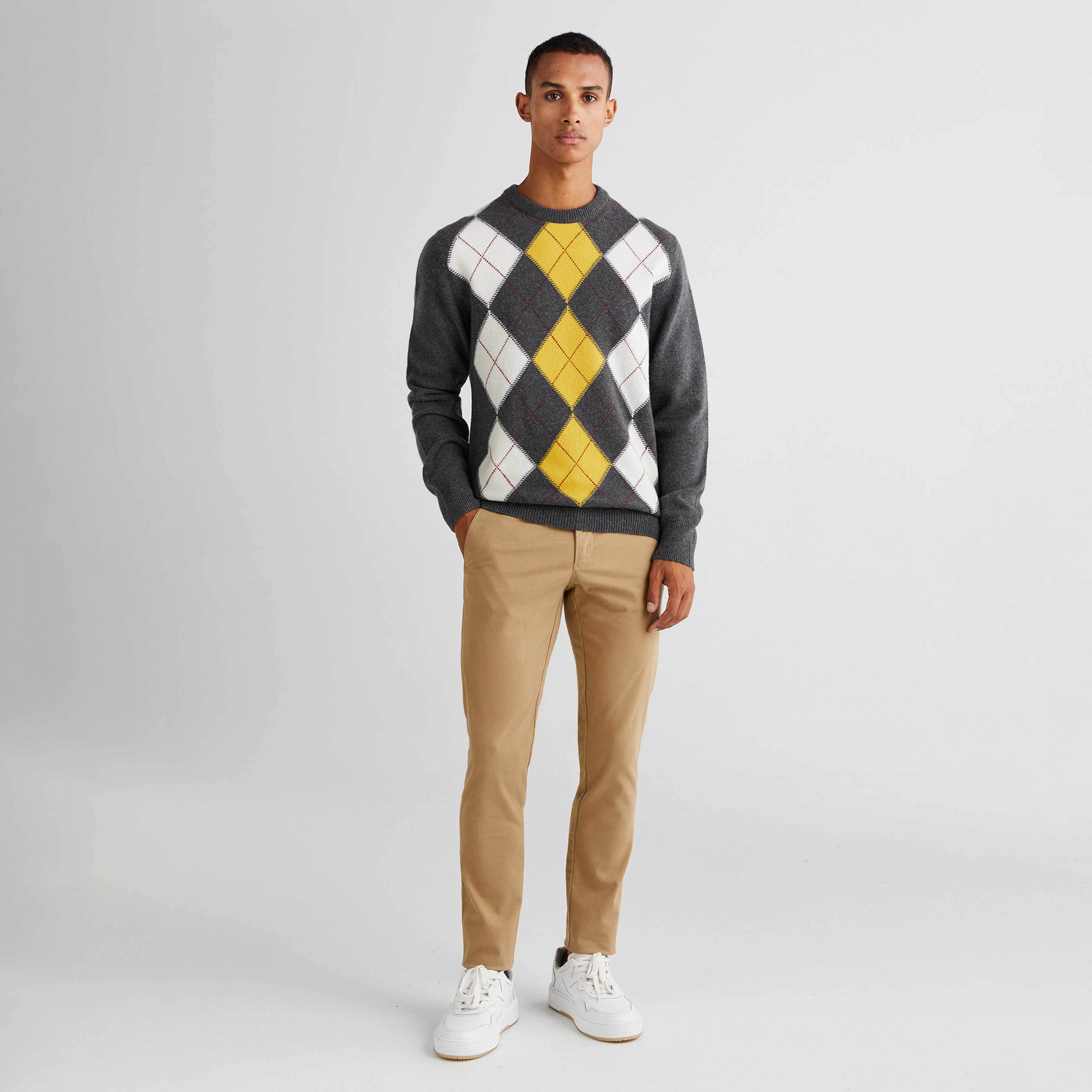 GANT Erkek Gri Regular Fit Bisiklet Yaka Desenli Kazak