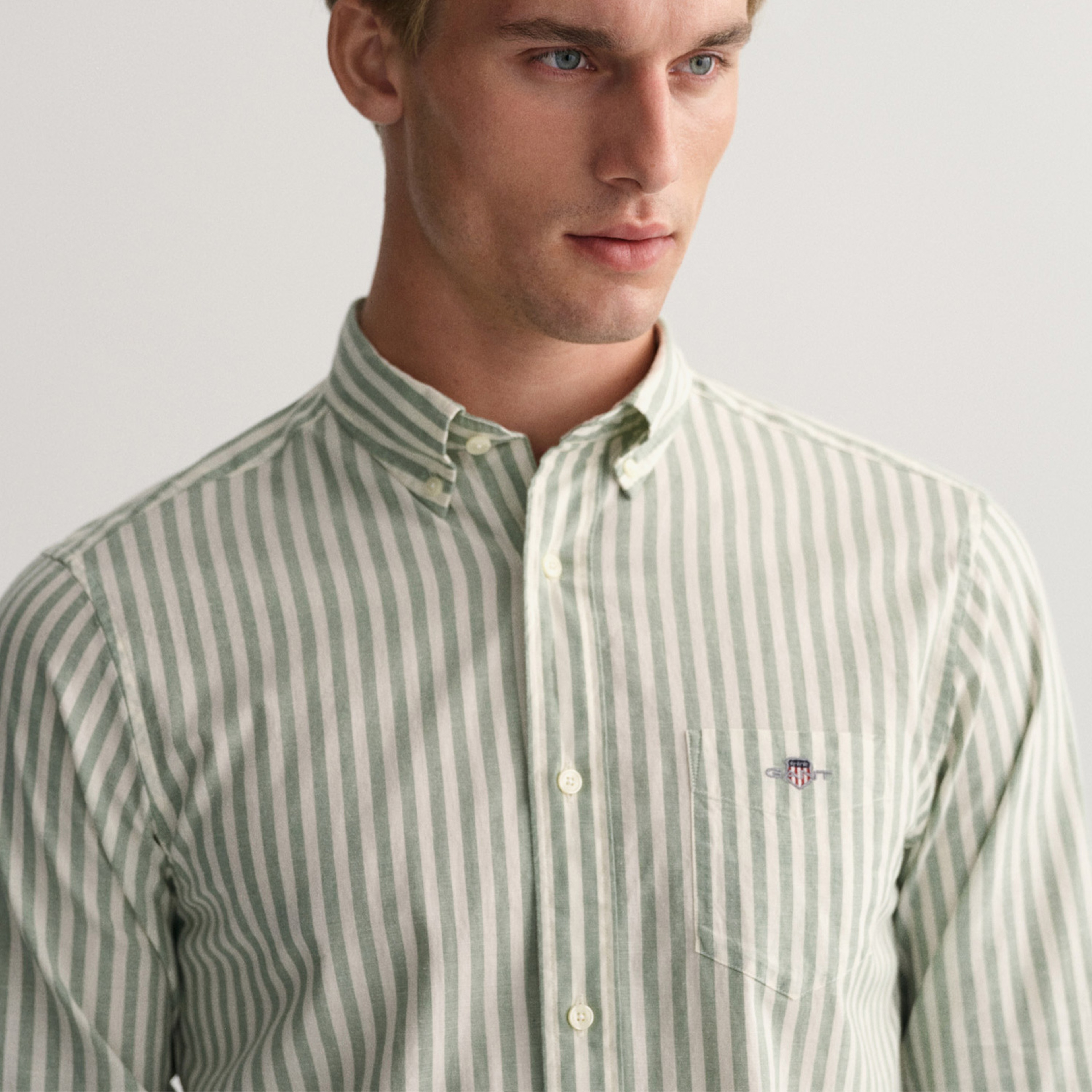 GANT Erkek Yeşil Regular Fit Düğmeli Yaka Çizgili Gömlek