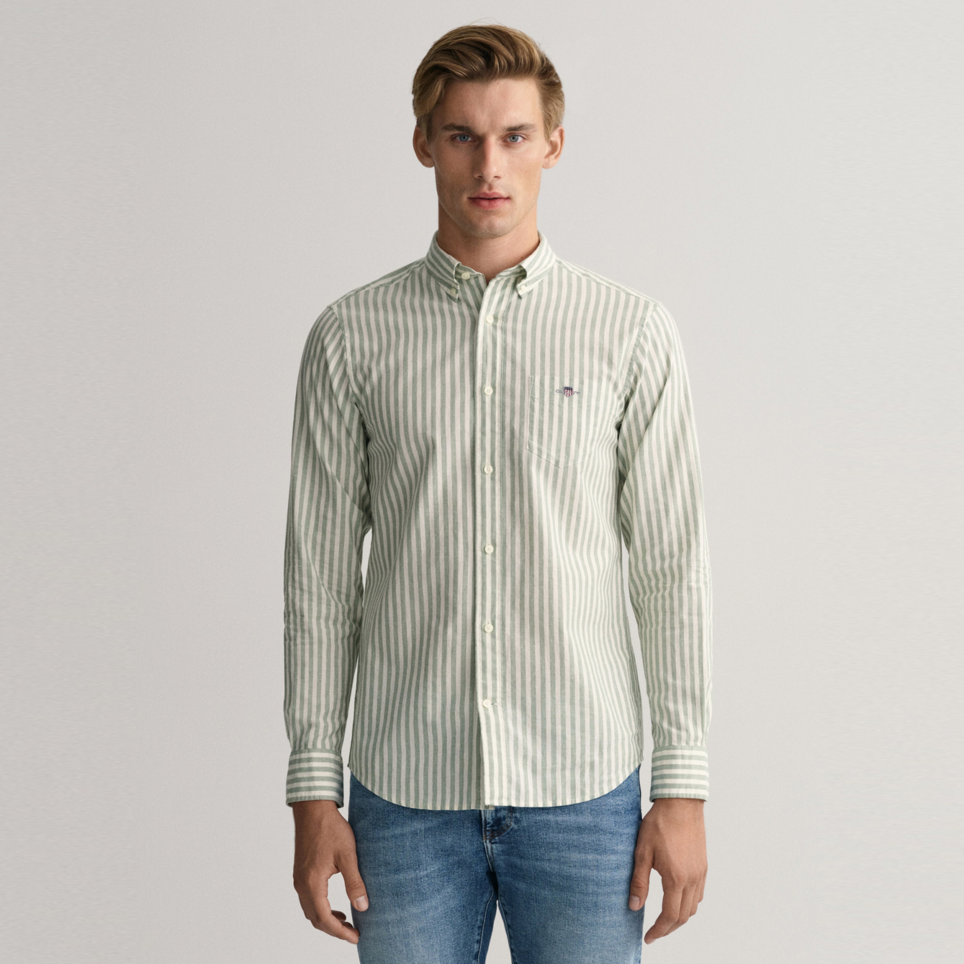 GANT Erkek Yeşil Regular Fit Düğmeli Yaka Çizgili Gömlek
