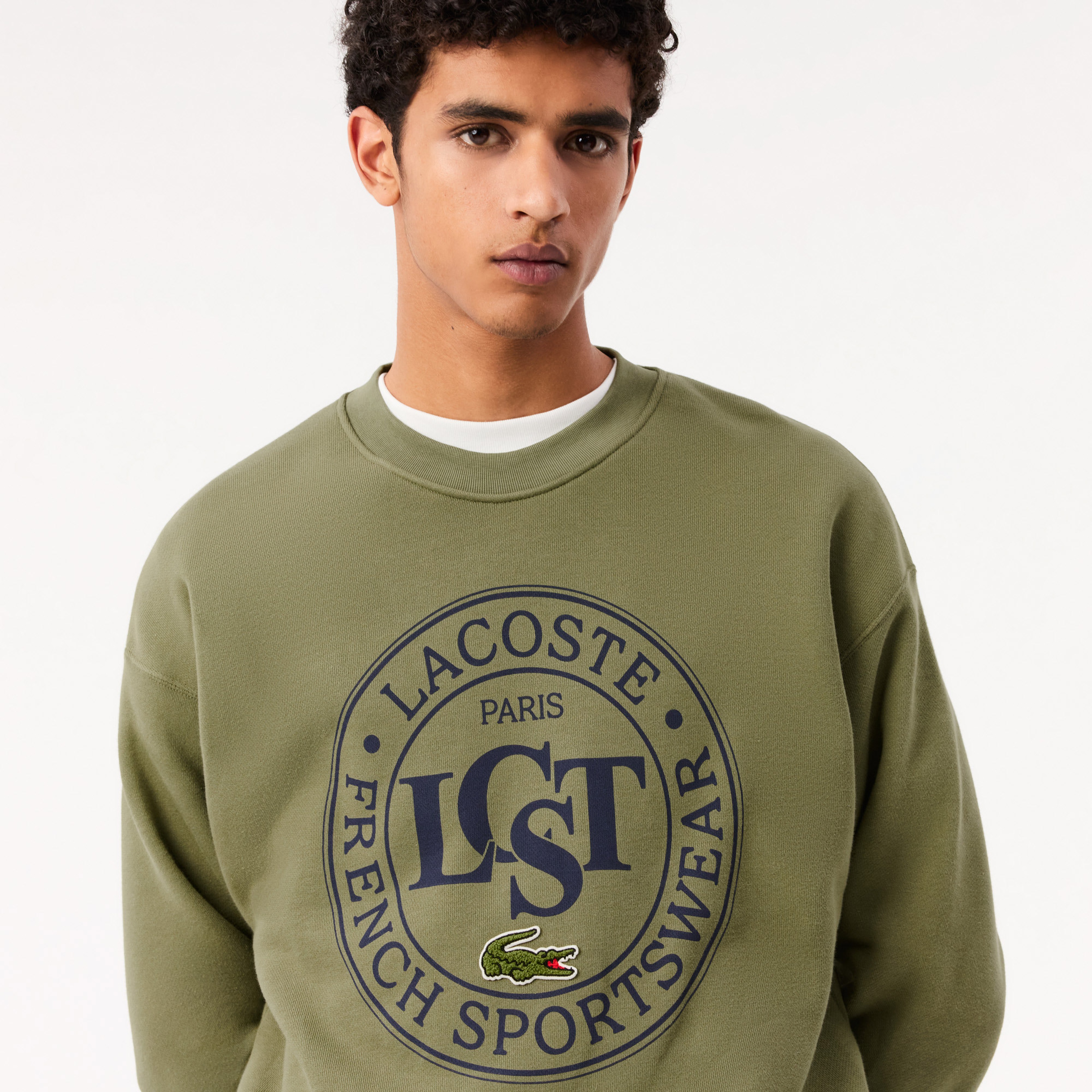 Erkek Loose Fit Bisiket Yaka Baskılı Haki Sweatshirt