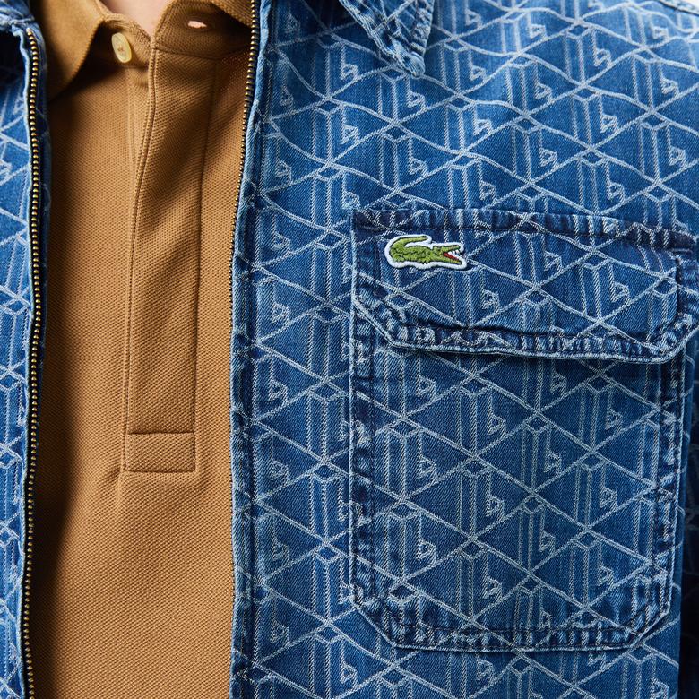 Erkek Relaxed Fit Fermuarlı Monogram Mavi Gömlek Ceket