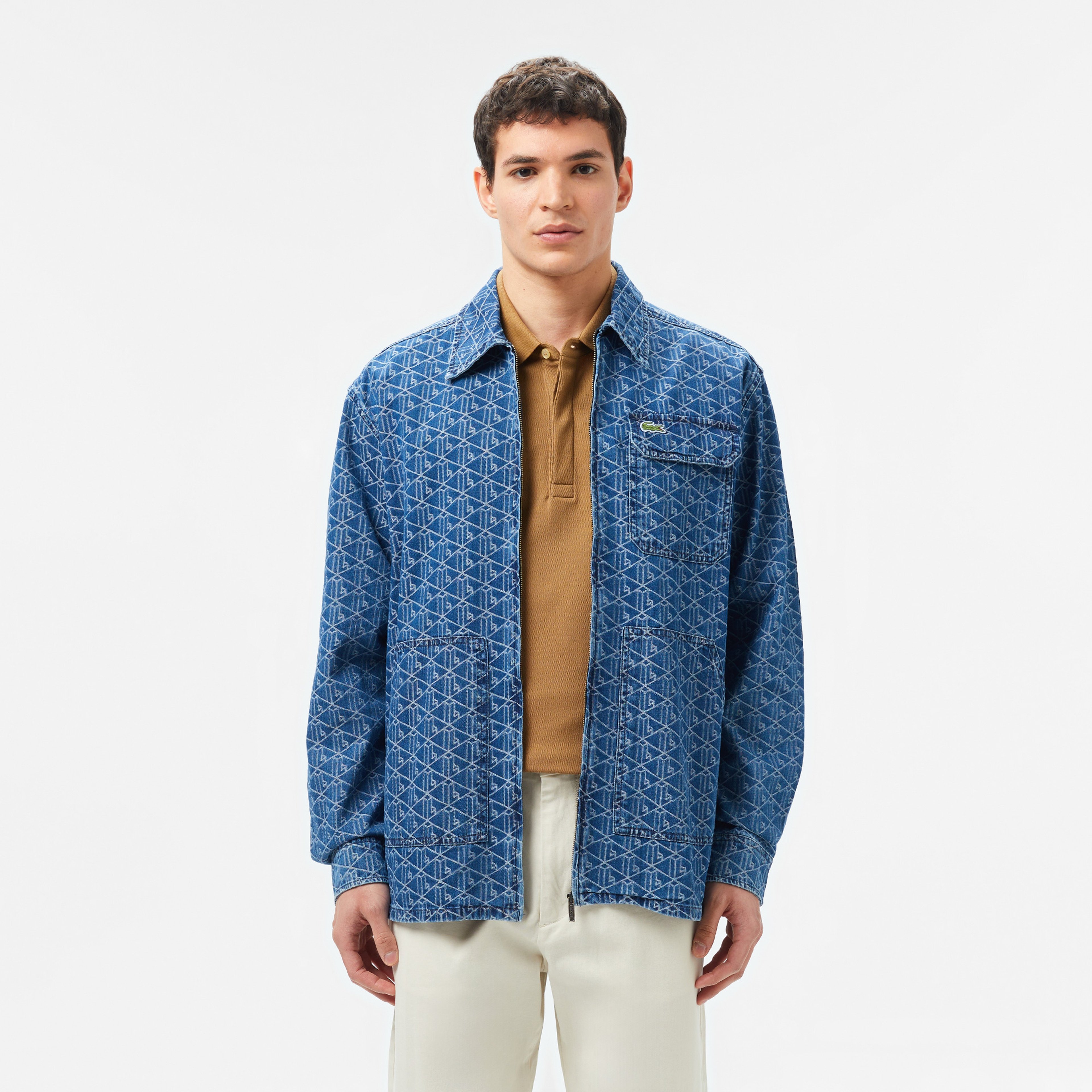 Erkek Relaxed Fit Fermuarlı Monogram Mavi Gömlek Ceket