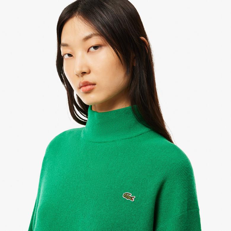 Kadın Relaxed Fit Dik Yaka Yün Yeşil Triko