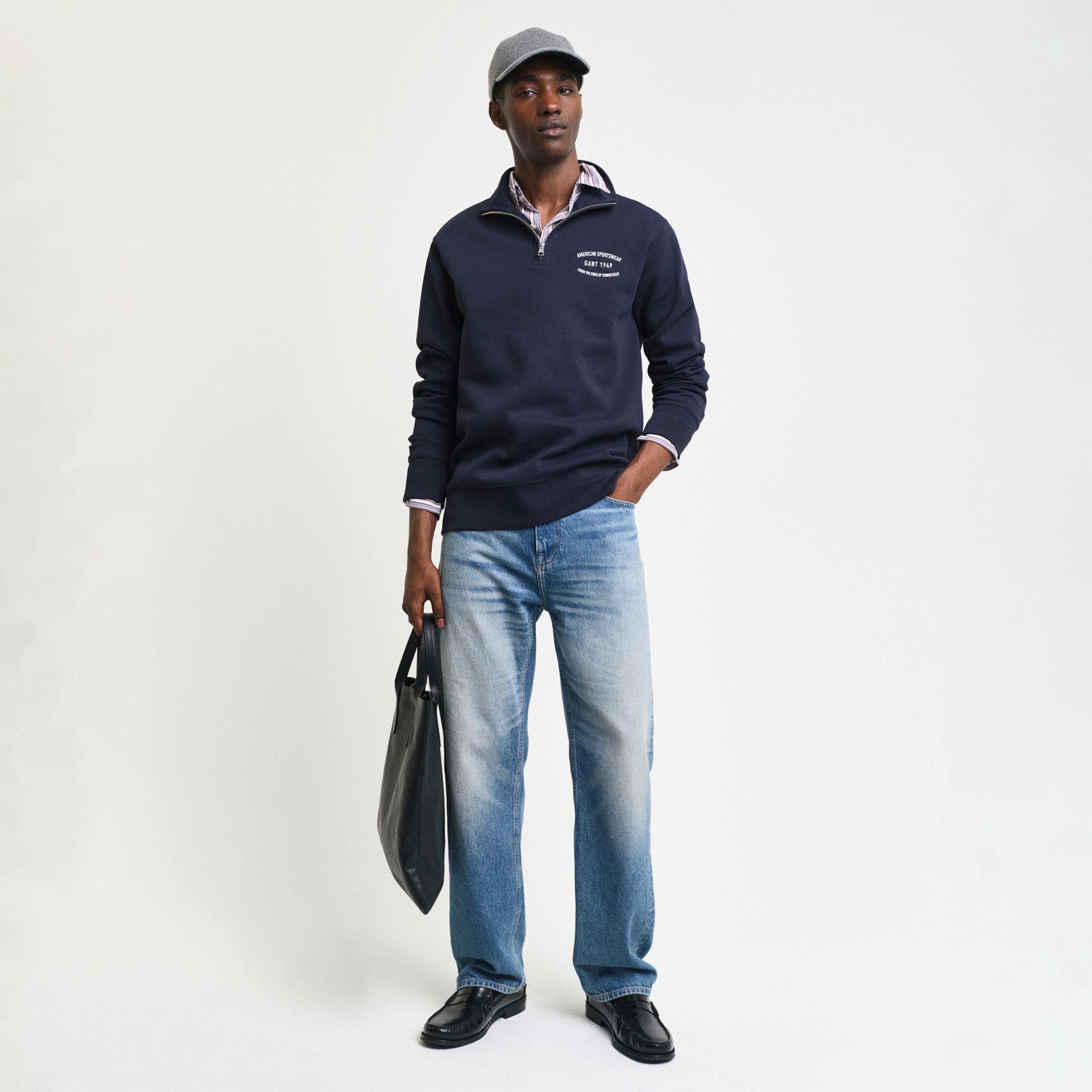 GANT Erkek Lacivert Regular Fit Yarım Fermuarlı Logolu Sweatshirt