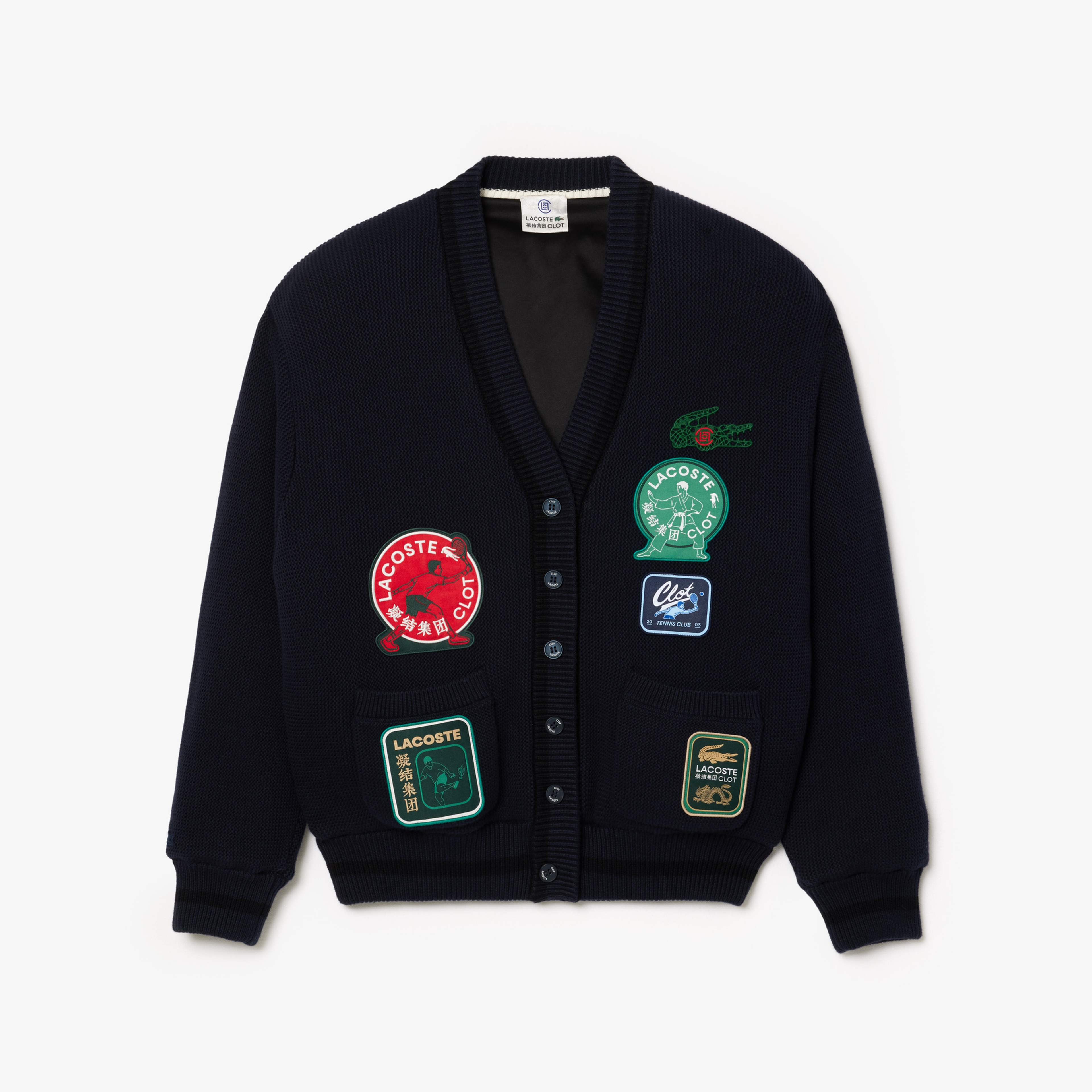 CLOT Unisex Relaxed Fit V Yaka Baskılı Çift Taraflı Lacivert Hırka