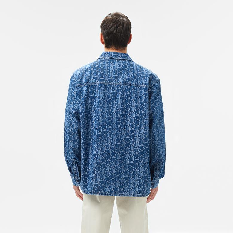 Erkek Relaxed Fit Fermuarlı Monogram Mavi Gömlek Ceket
