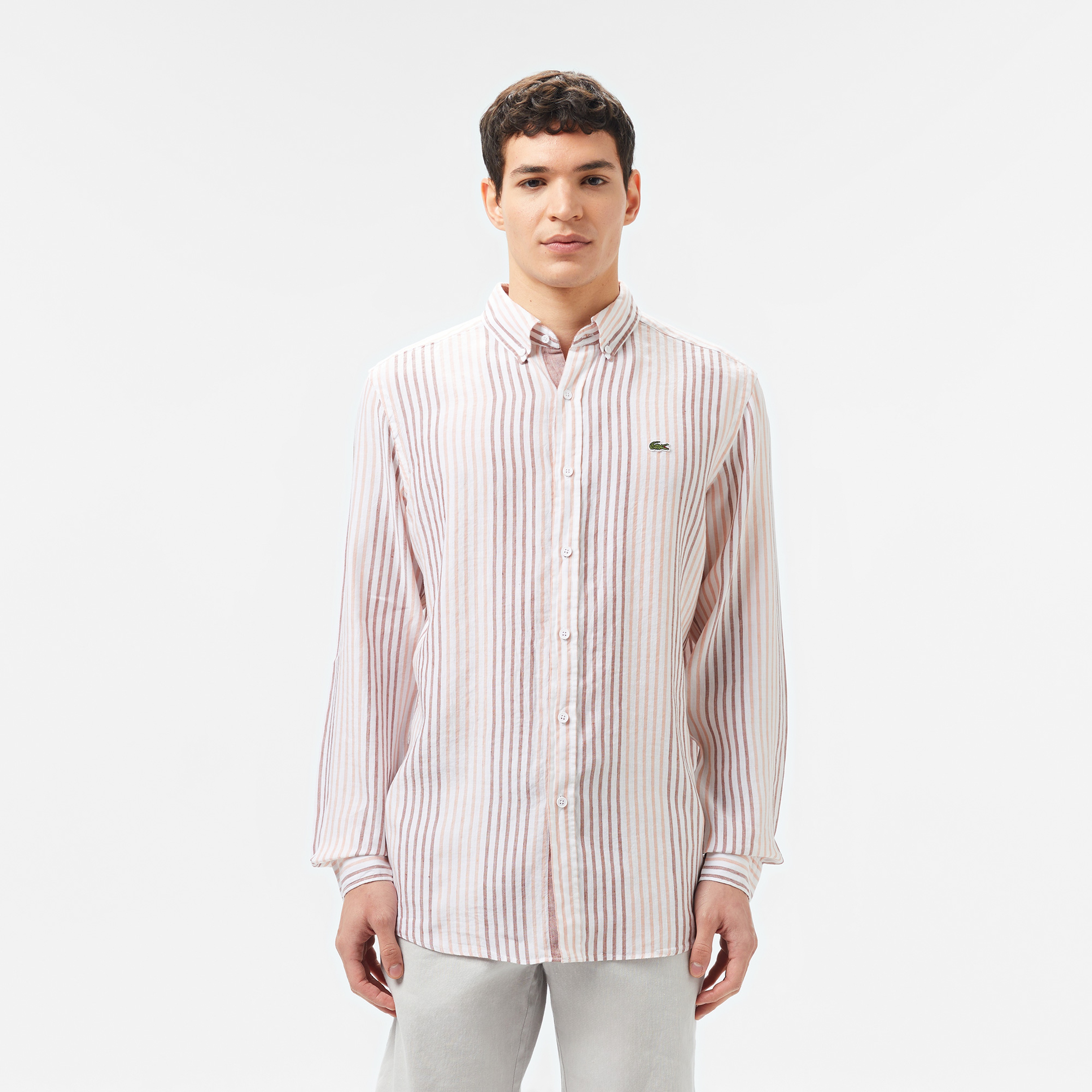 Erkek Regular Fit Çizgili Keten Kahverengi Gömlek