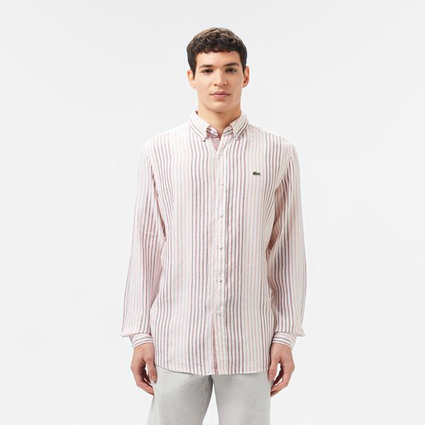 Erkek Regular Fit Çizgili Keten Kahverengi Gömlek