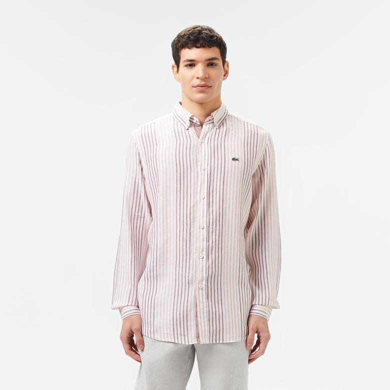 Erkek Regular Fit Çizgili Keten Kahverengi Gömlek