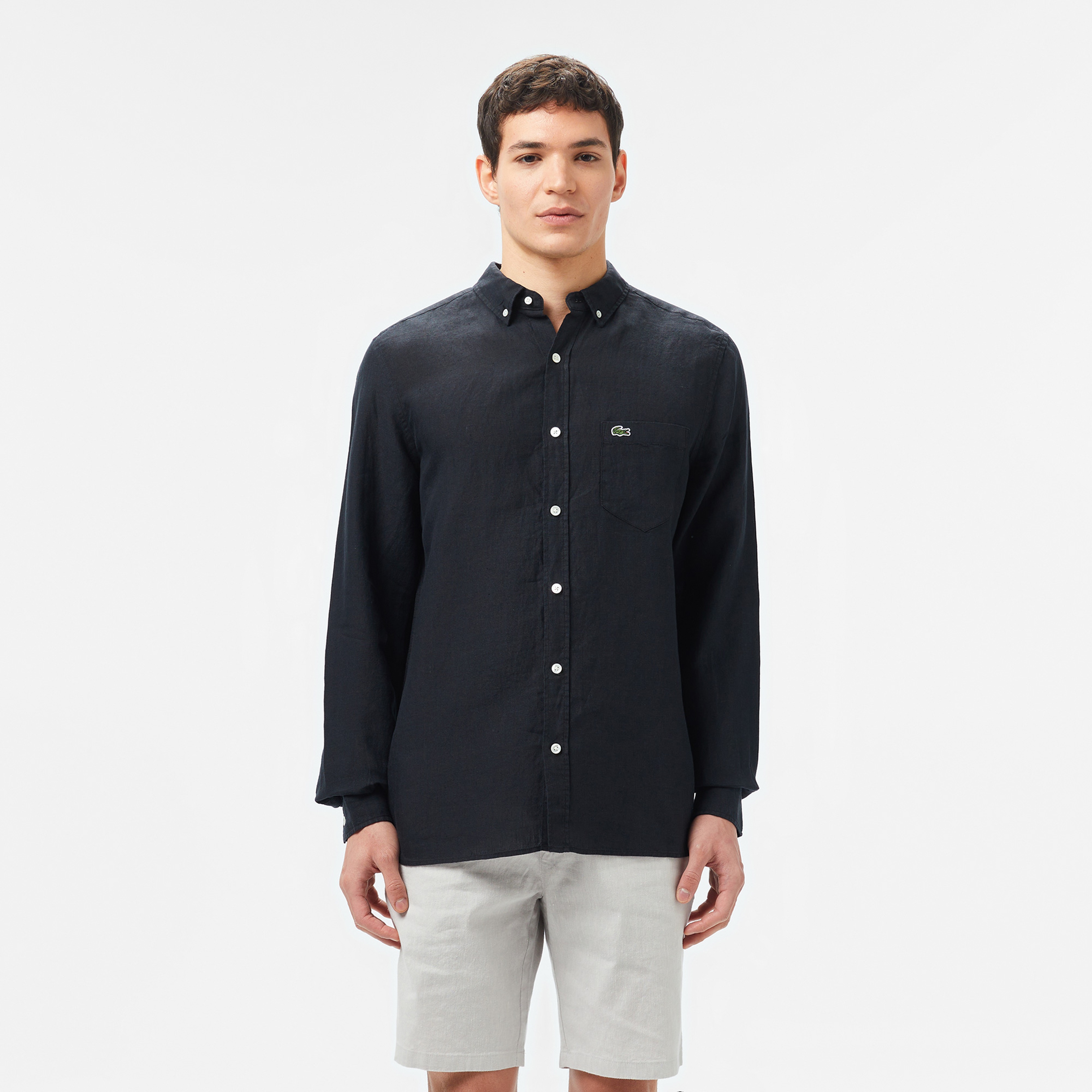 Erkek Regular Fit Düğmeli Yaka Keten Siyah Gömlek