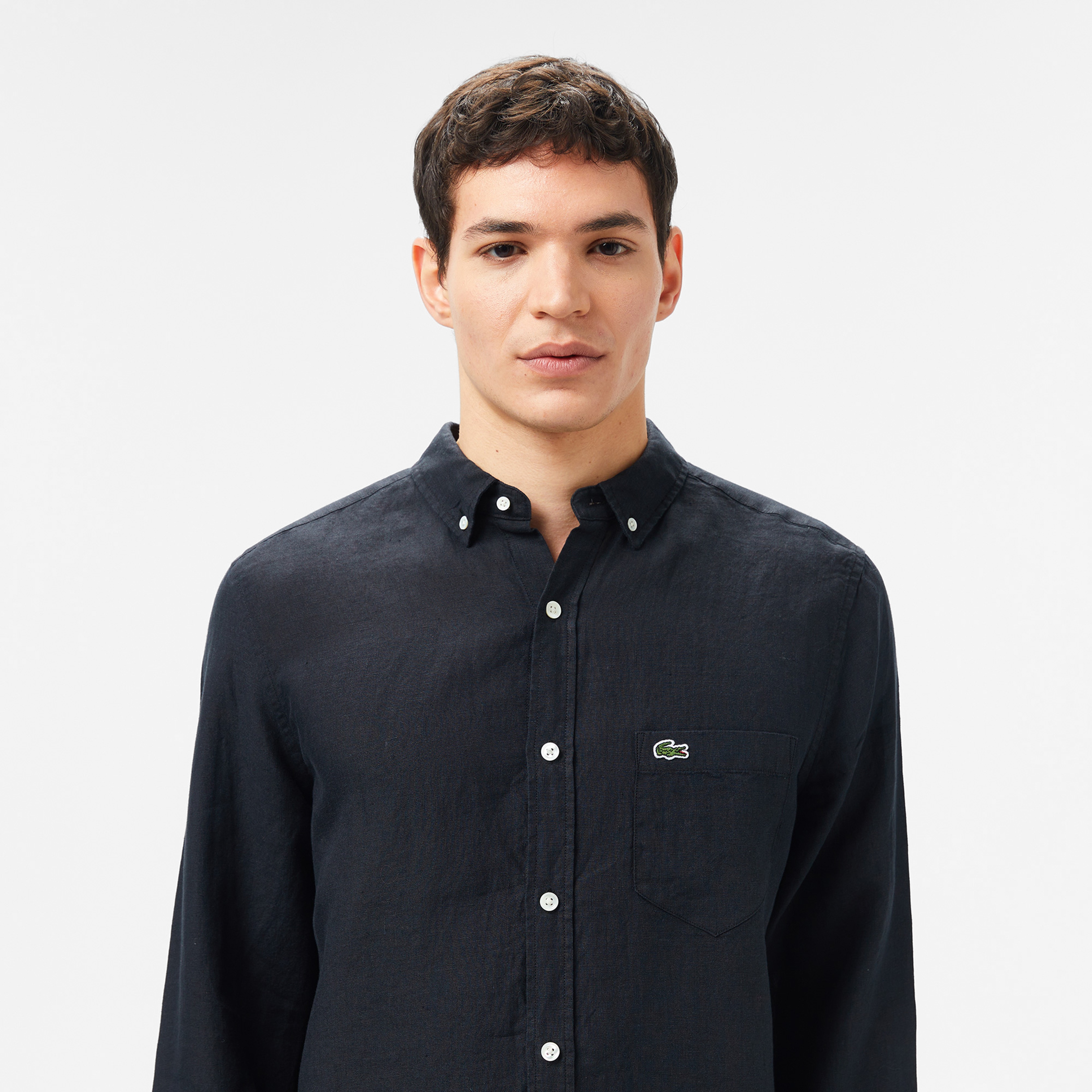 Erkek Regular Fit Düğmeli Yaka Keten Siyah Gömlek