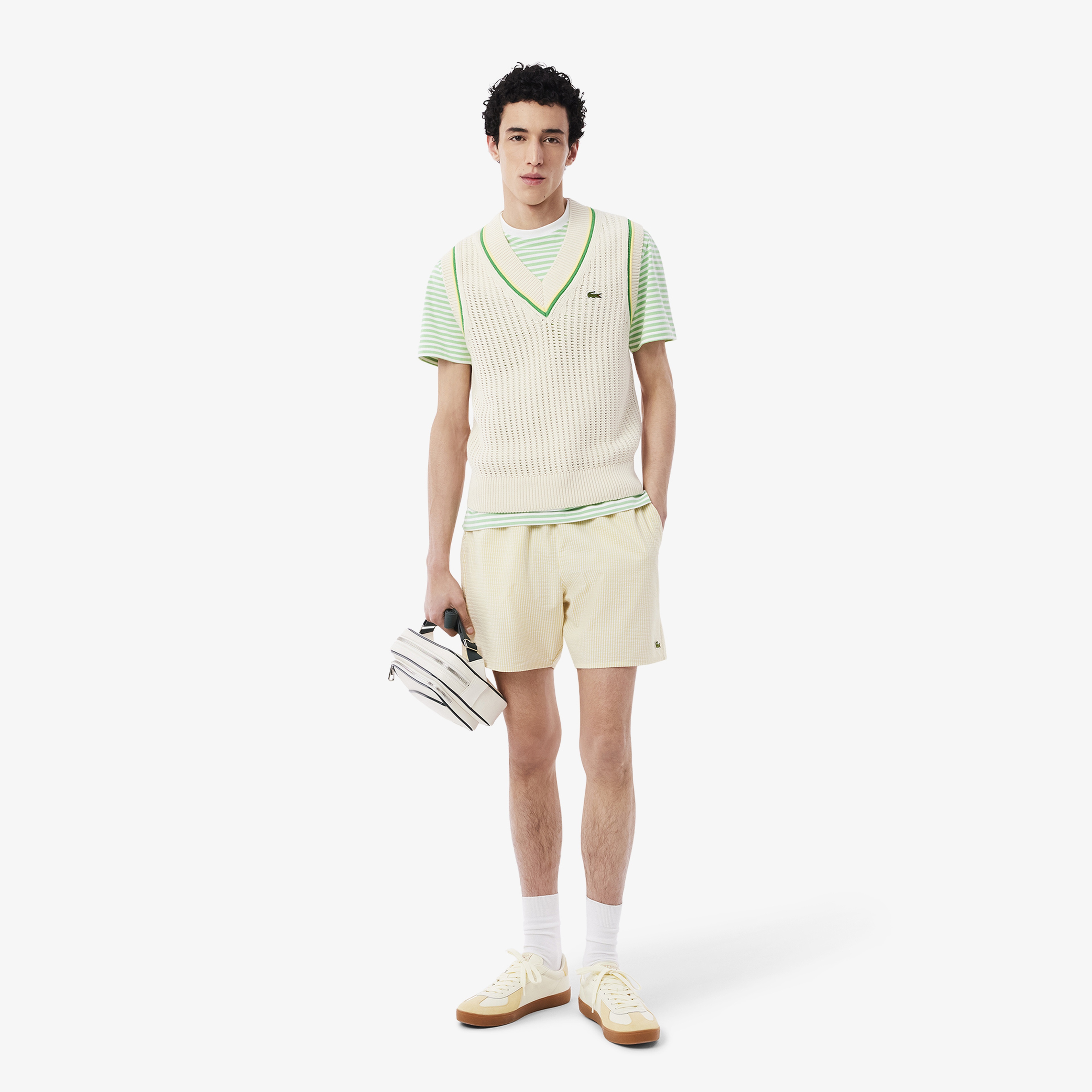 Erkek Classic Fit Bisiklet Yaka Çizgili Açık Yeşil T-Shirt