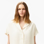 Kadın Regular Fit Kısa Kollu Keten Beyaz Gömlek