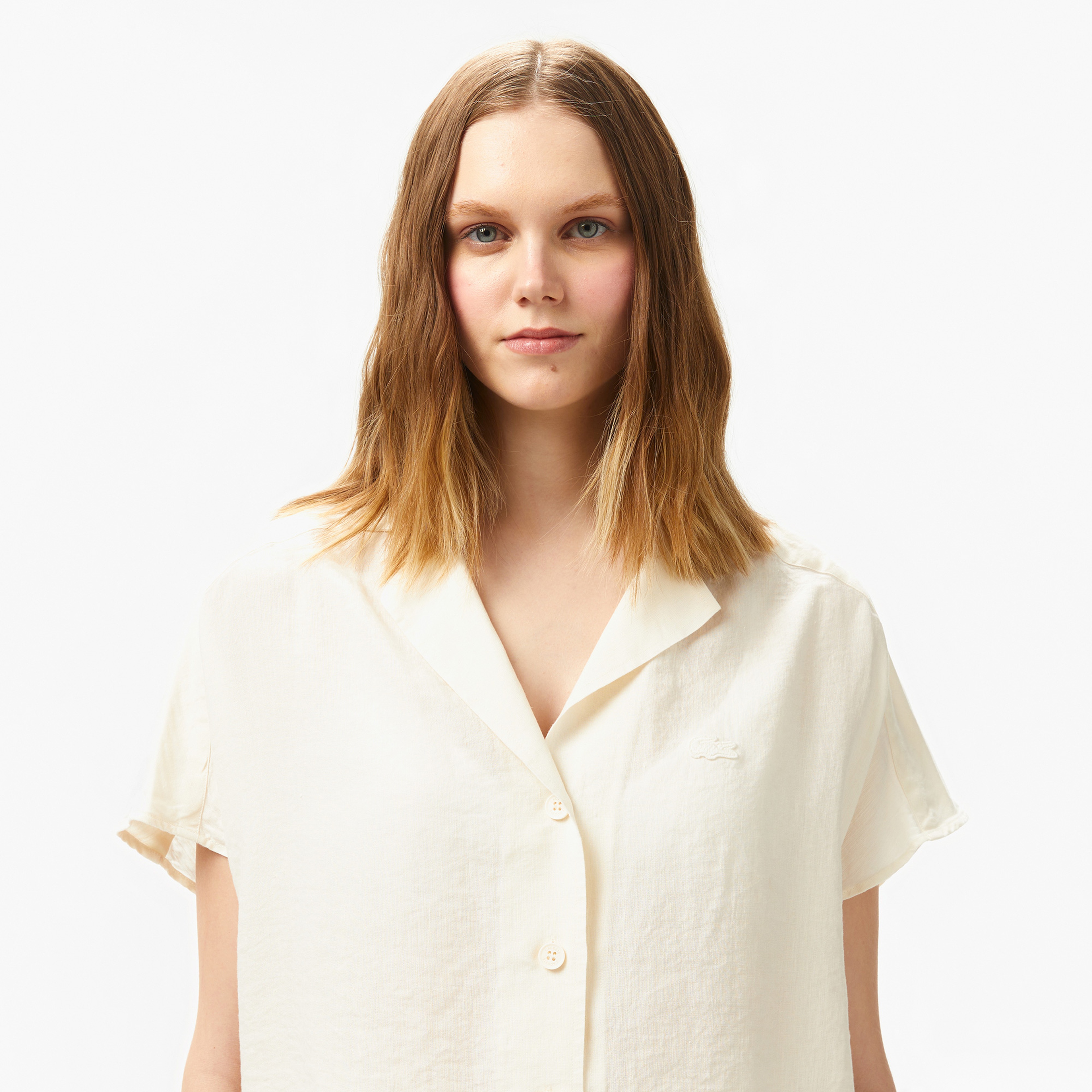 Kadın Regular Fit Kısa Kollu Keten Beyaz Gömlek