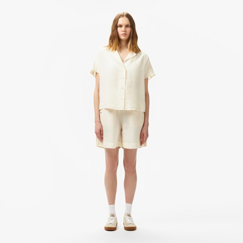 Kadın Regular Fit Kısa Kollu Keten Beyaz Gömlek