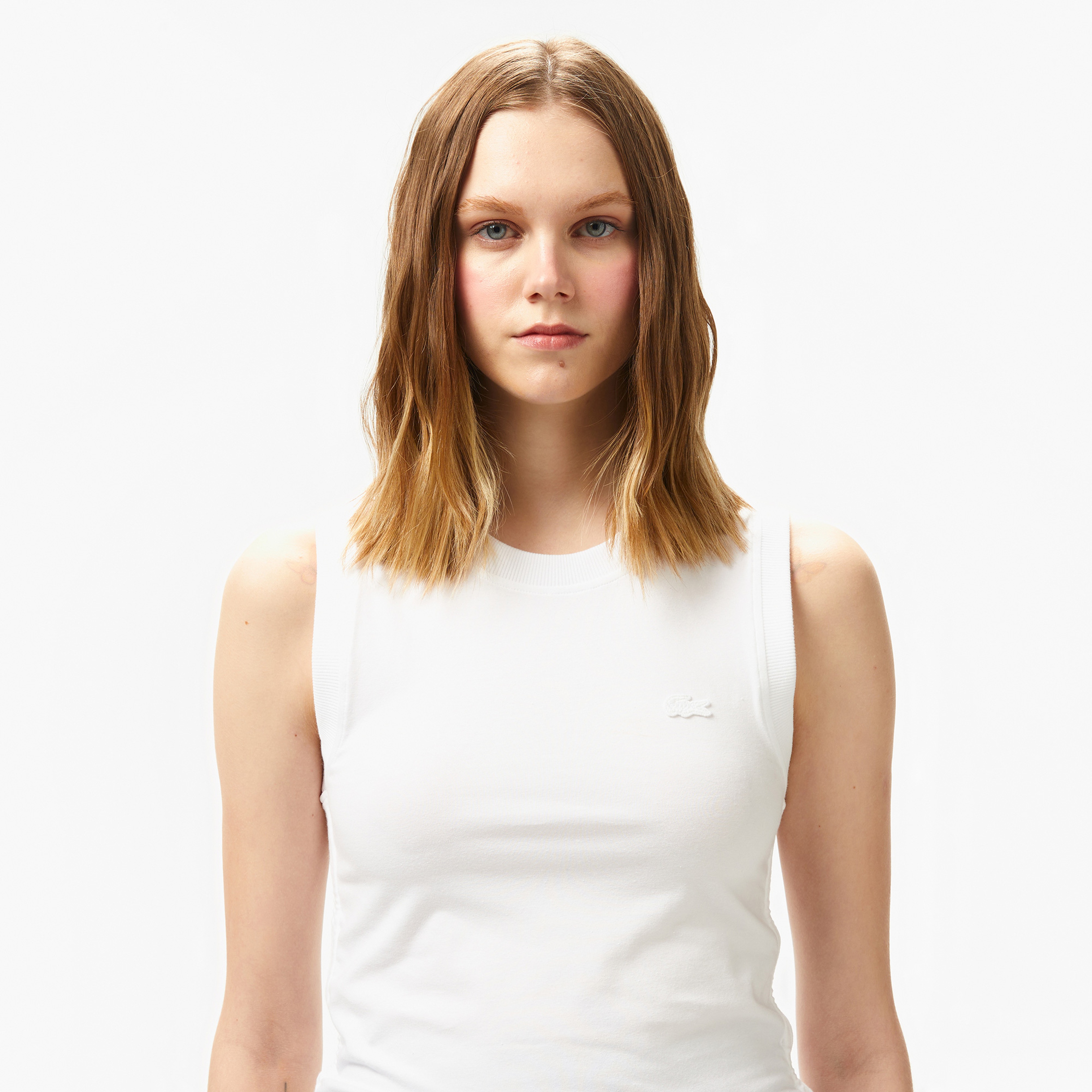 Kadın Slim Fit Kolsuz Bisiklet Yaka Beyaz T-Shirt