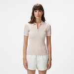 Kadın Slim Fit Kısa Kollu Yarım Fermuarlı Krem Triko