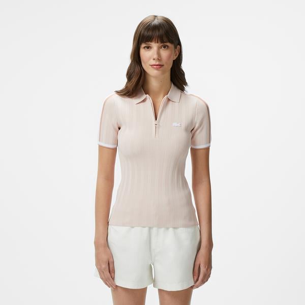 Kadın Slim Fit Kısa Kollu Yarım Fermuarlı Krem Triko