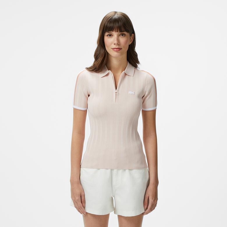 Kadın Slim Fit Kısa Kollu Yarım Fermuarlı Krem Triko