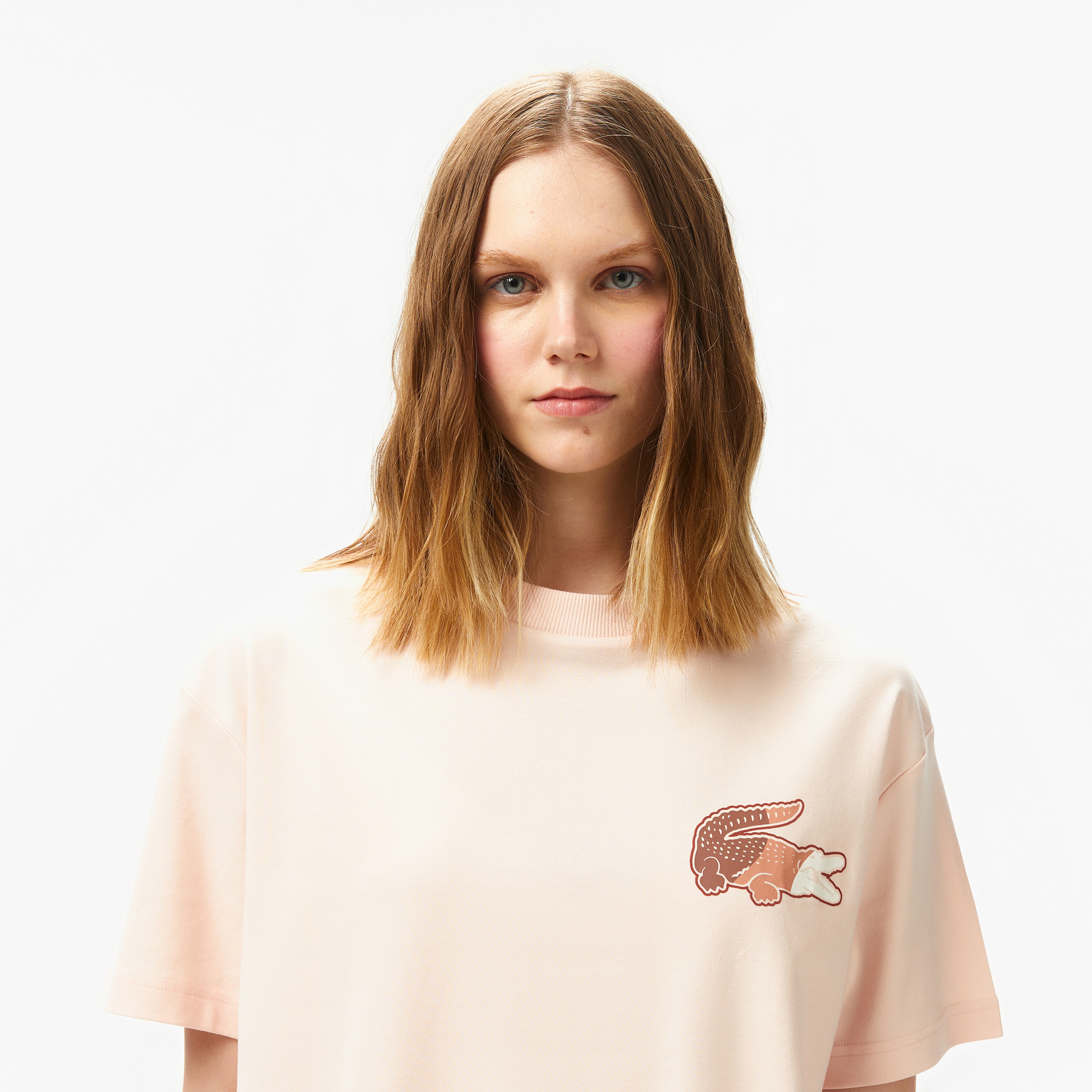 Kadın Bisiklet Yaka Baskılı Açık Pembe T-Shirt