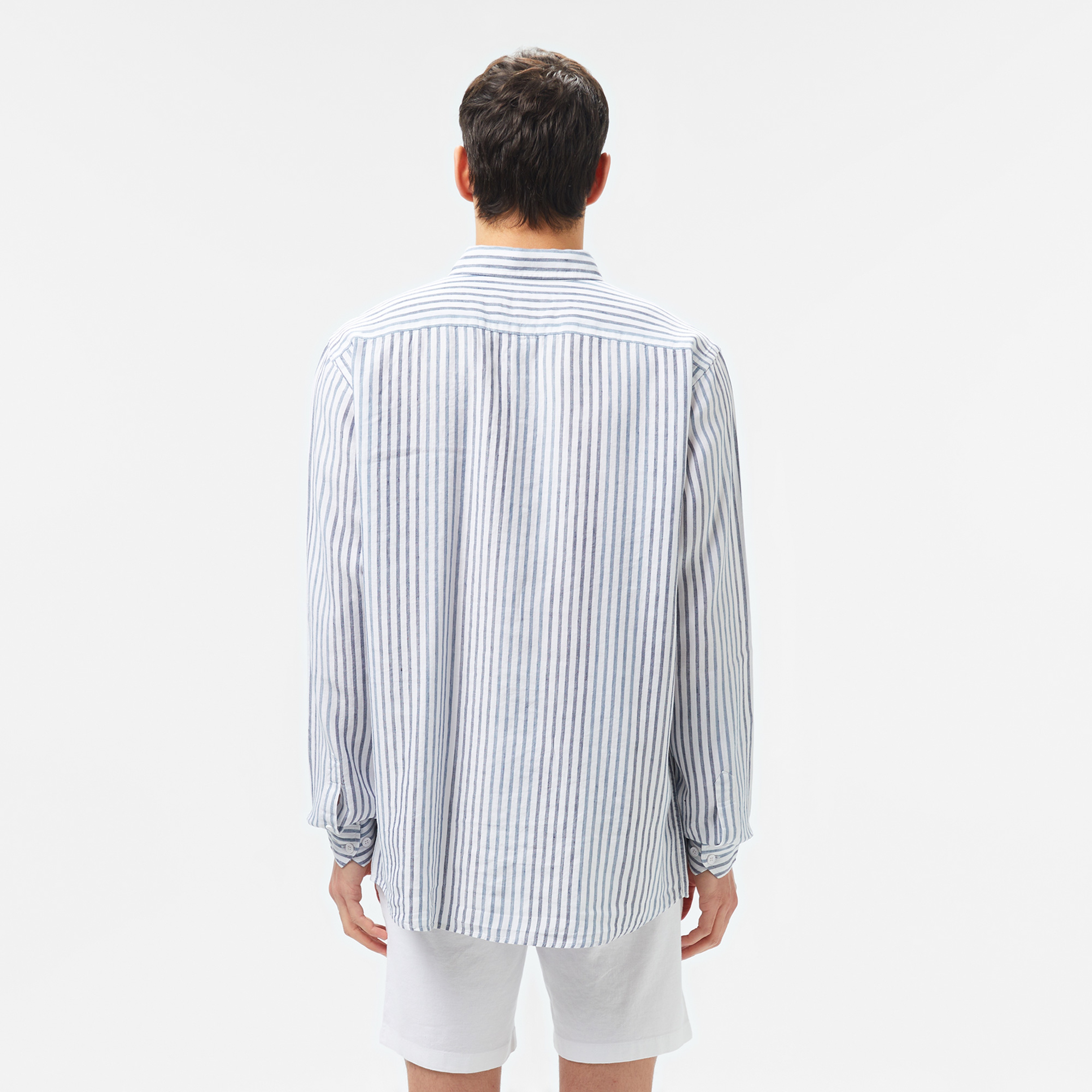 Erkek Regular Fit Çizgili Keten Koyu Mavi Gömlek