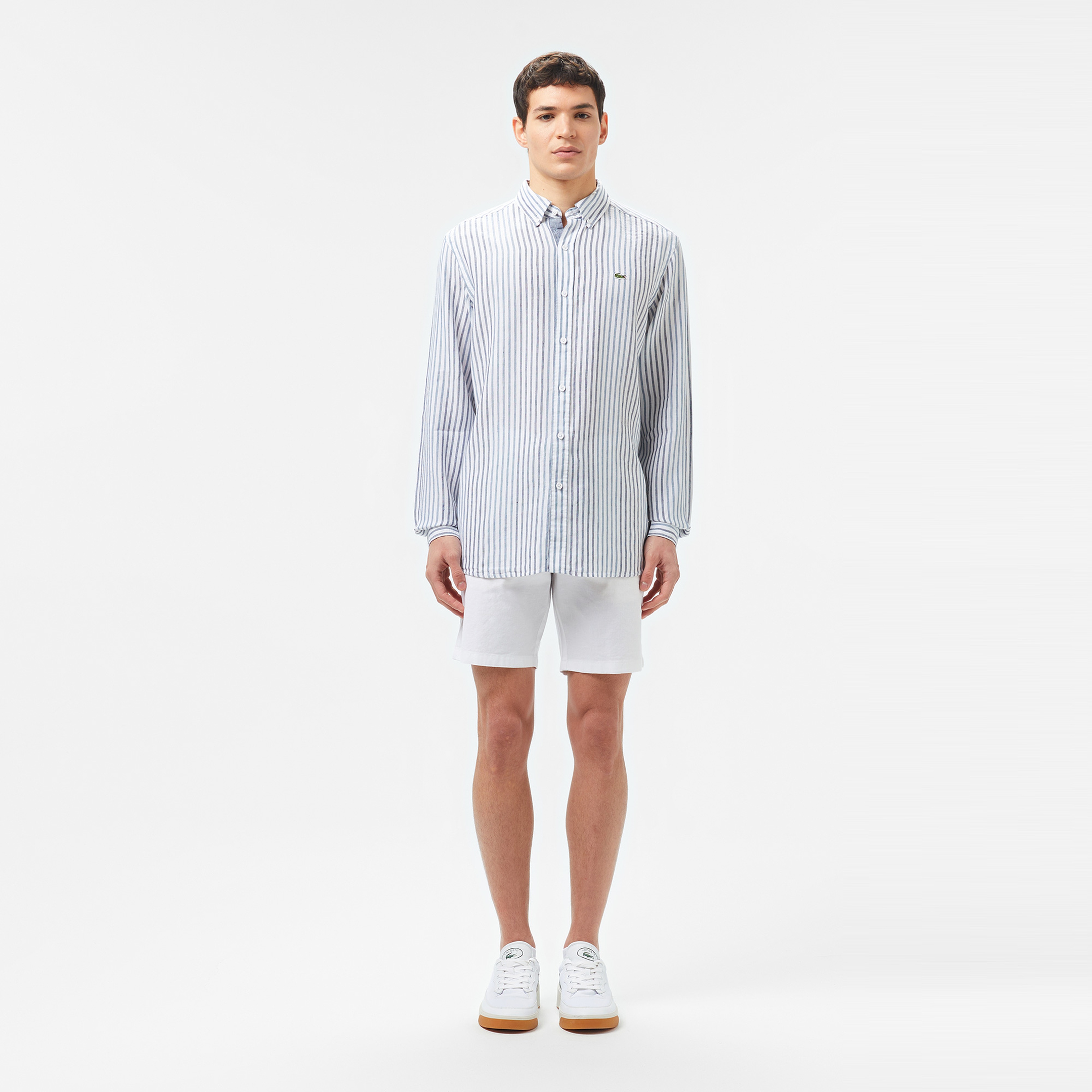 Erkek Regular Fit Çizgili Keten Koyu Mavi Gömlek