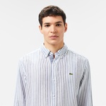 Erkek Regular Fit Çizgili Keten Koyu Mavi Gömlek