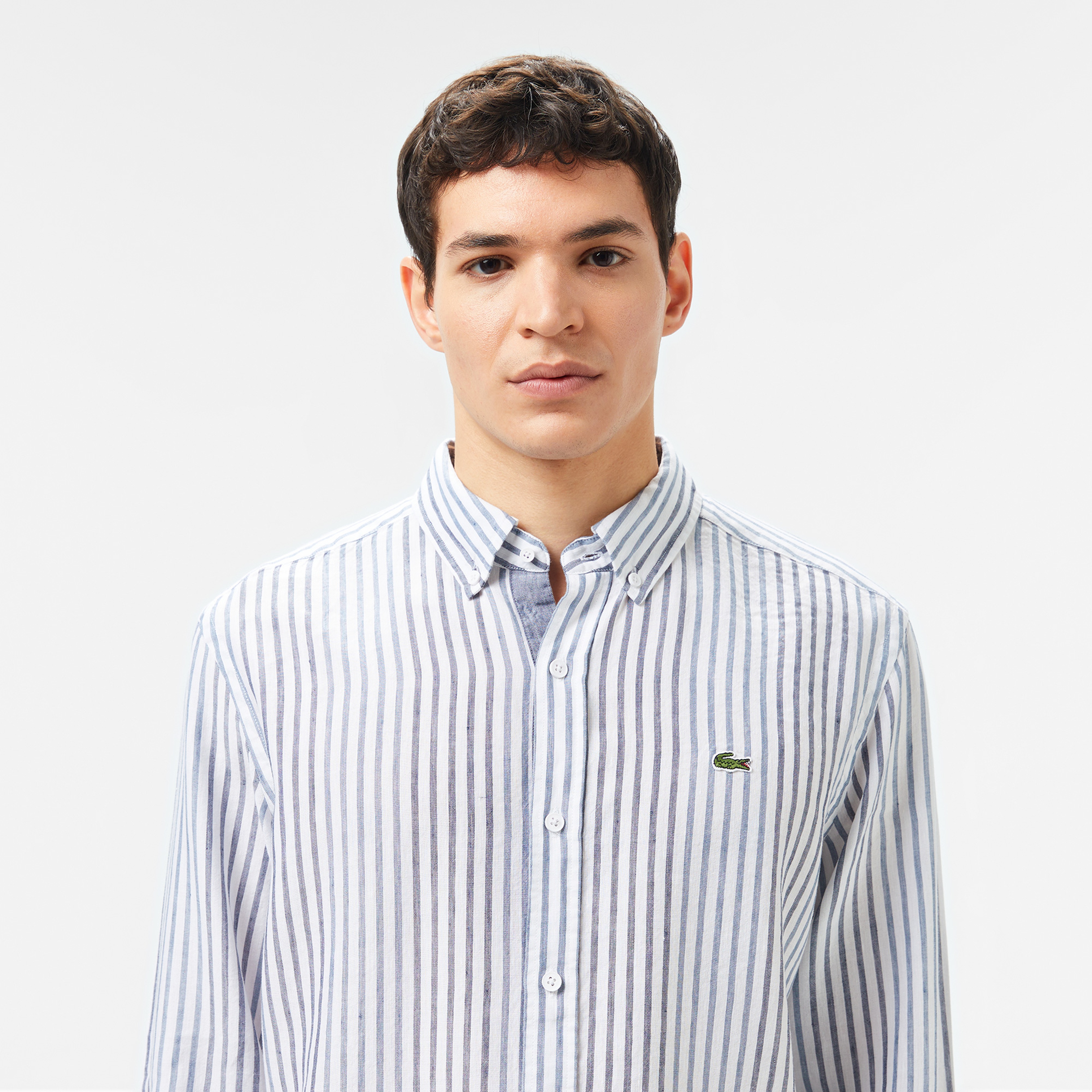Erkek Regular Fit Çizgili Keten Koyu Mavi Gömlek