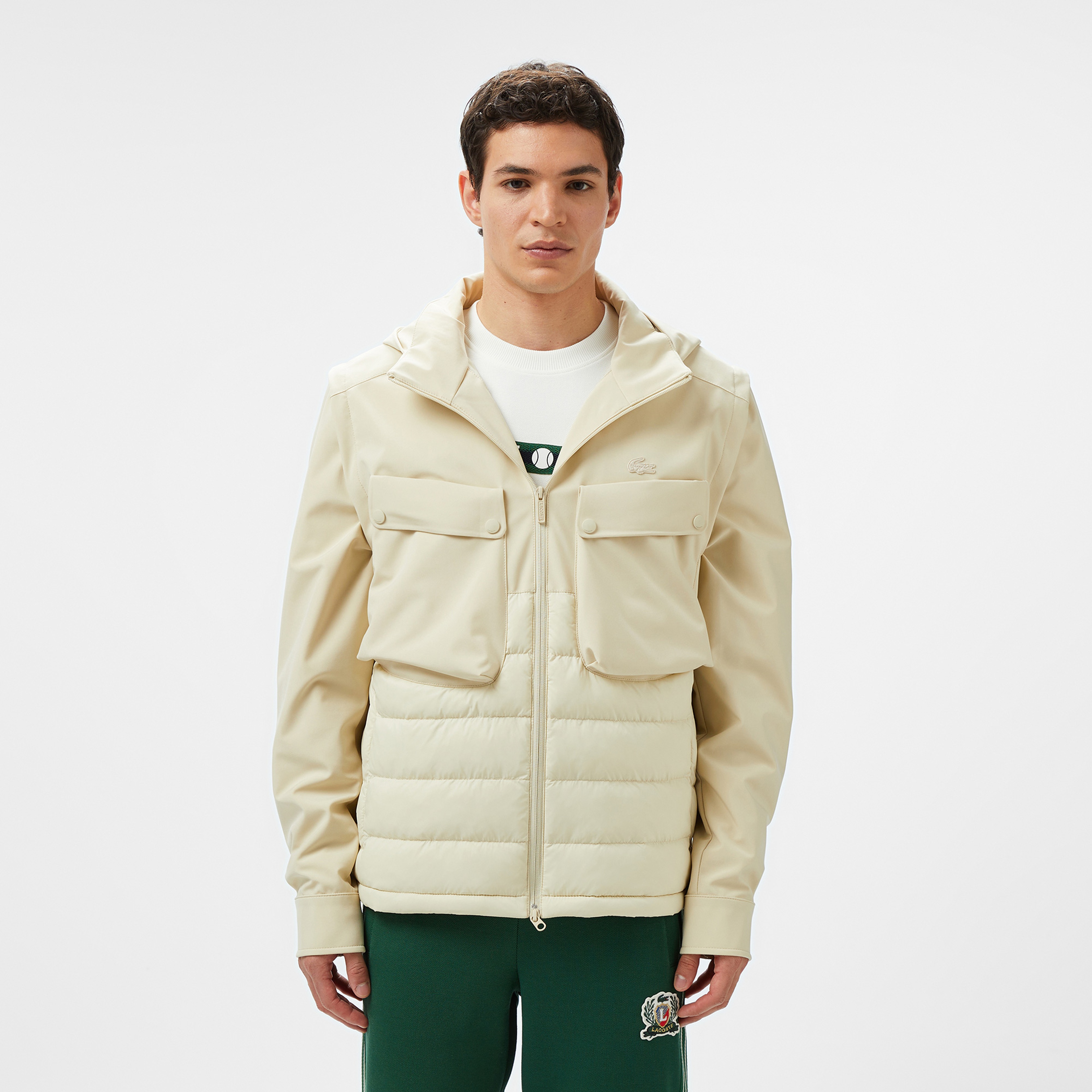 Erkek Regular Fit Kapüşonlu Baskılı Krem Mont