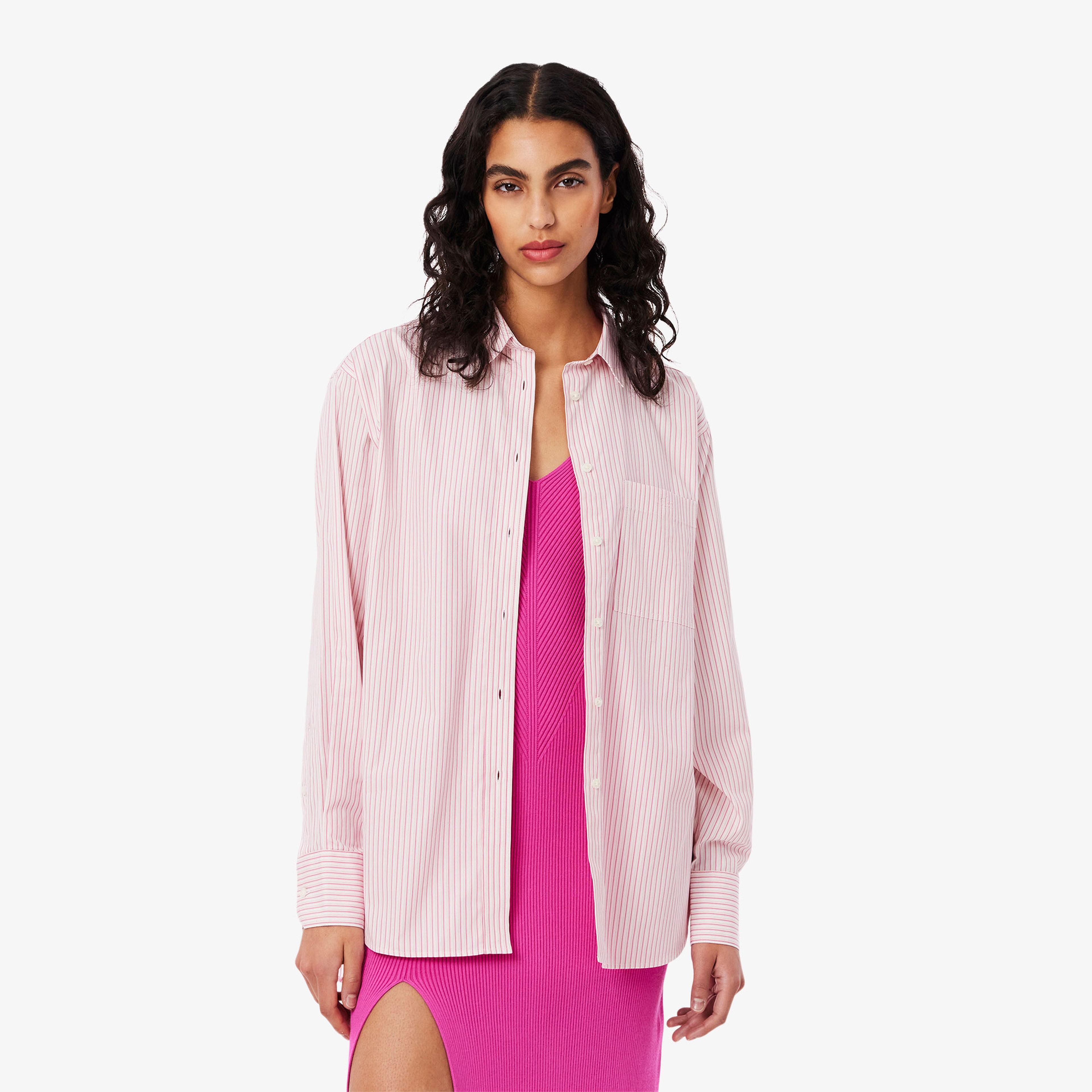 Kadın Oversize Fit Çizgili Pembe Gömlek