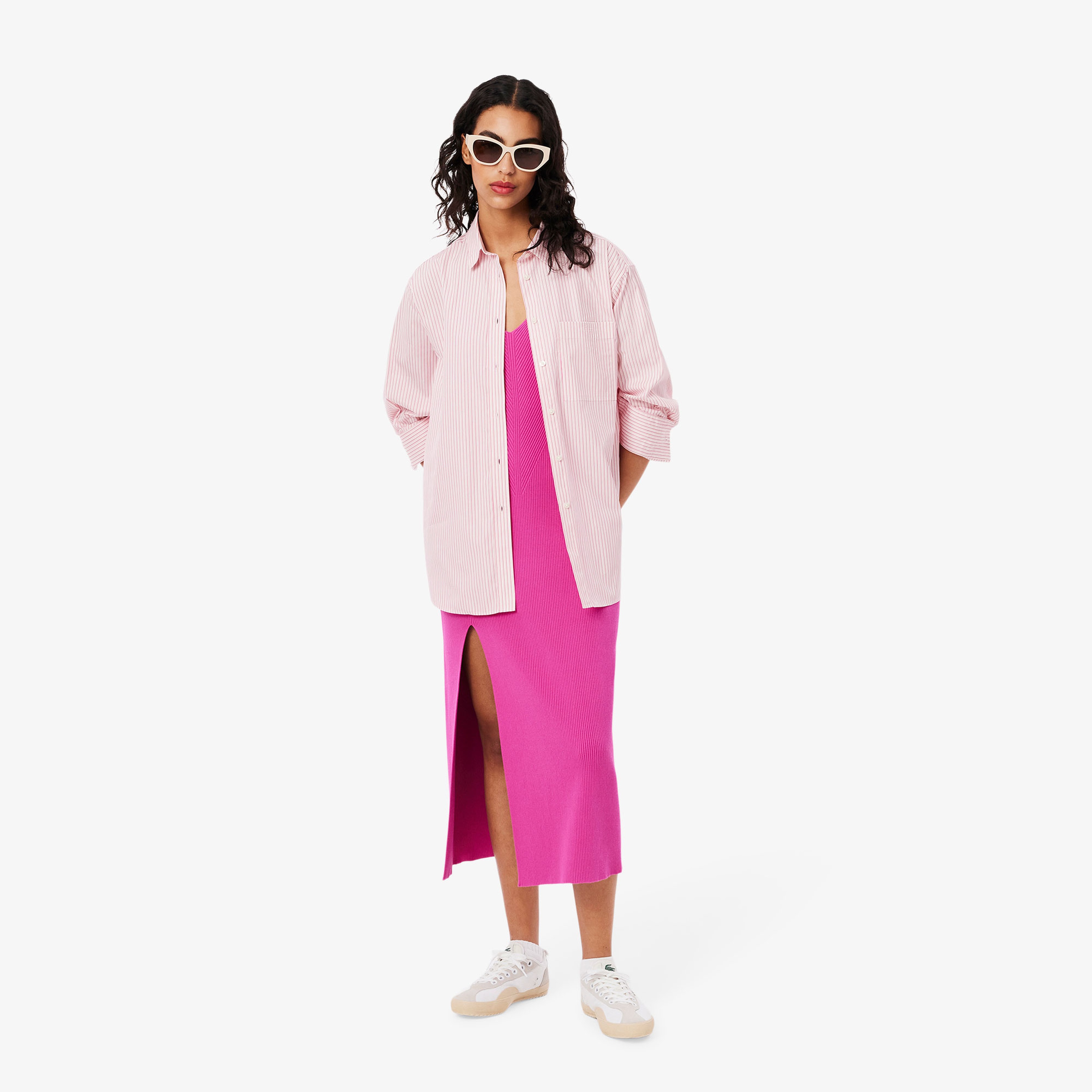 Kadın Oversize Fit Çizgili Pembe Gömlek