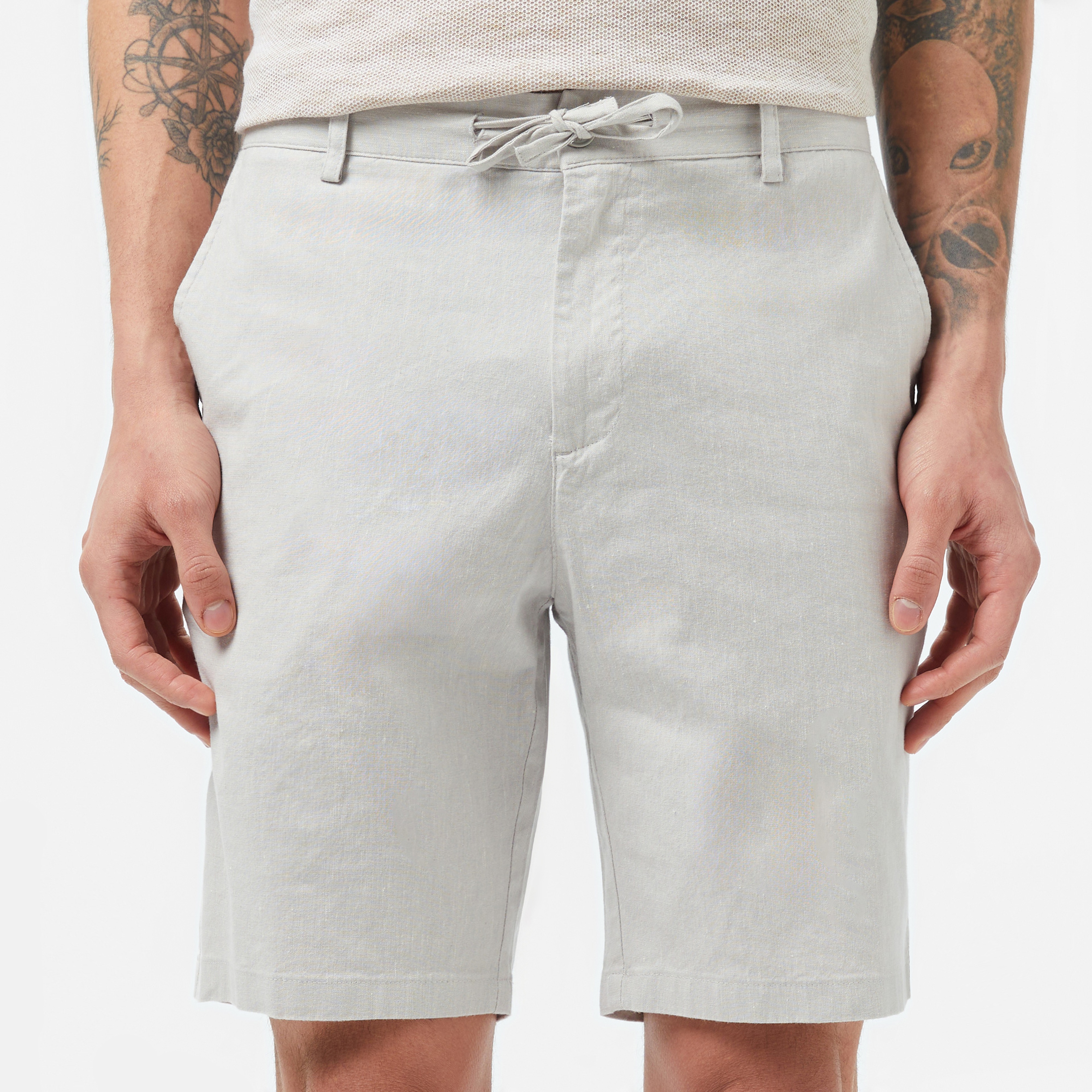 Erkek Regular Fit Keten Gri Bermuda Şort