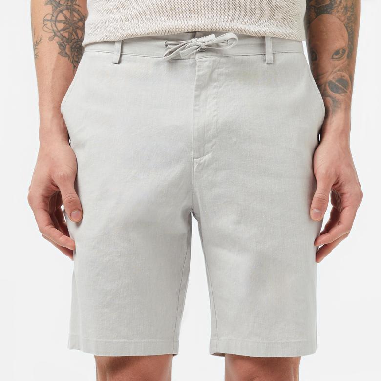 Erkek Regular Fit Keten Gri Bermuda Şort