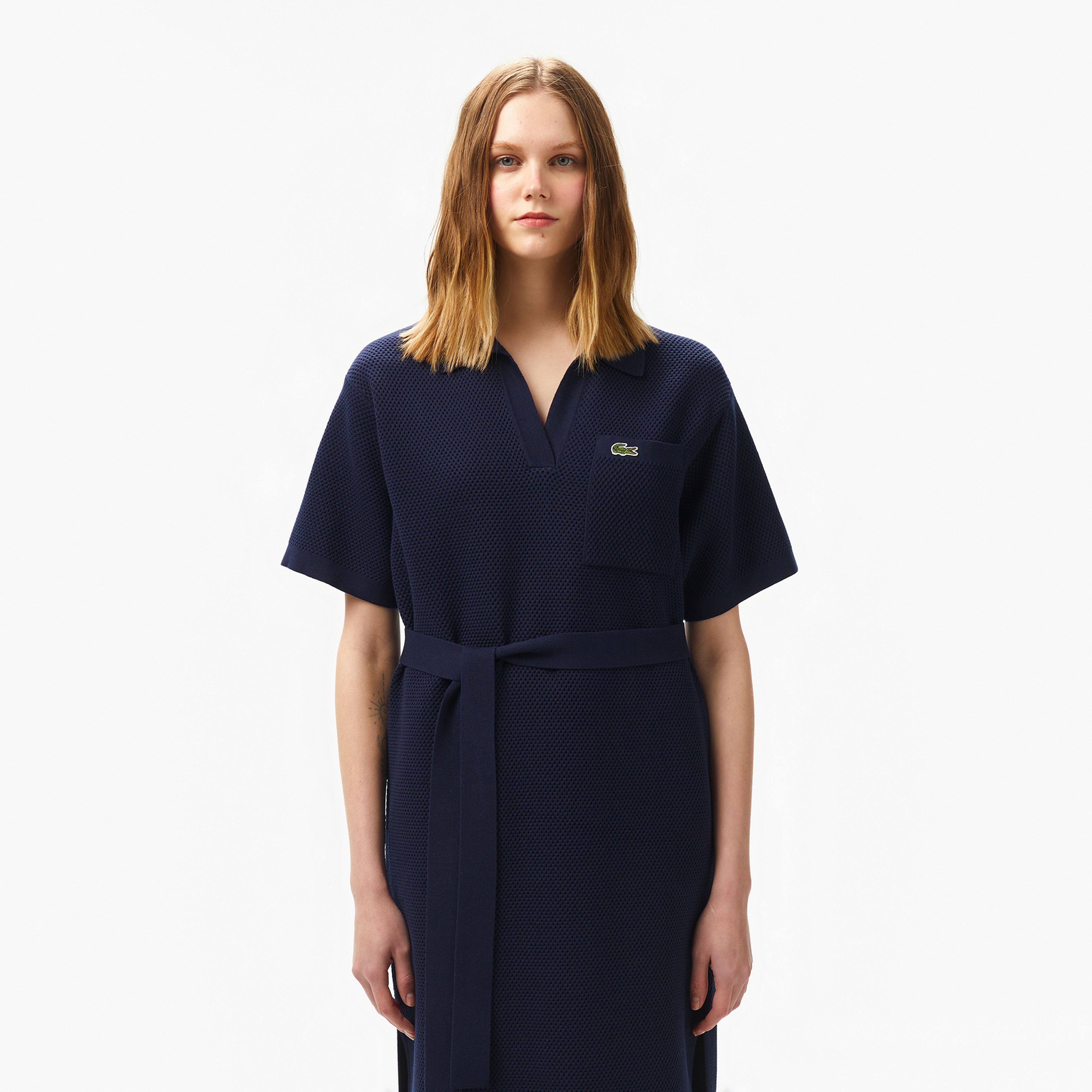 Kadın Relaxed Fit Kısa Kollu V Yaka Lacivert Elbise