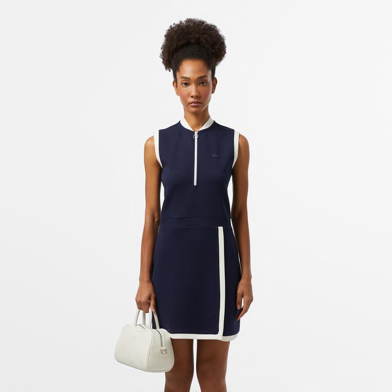 Kadın Regular Fit Kolsuz Yarım Fermuarlı Renk Bloklu Lacivert Elbise