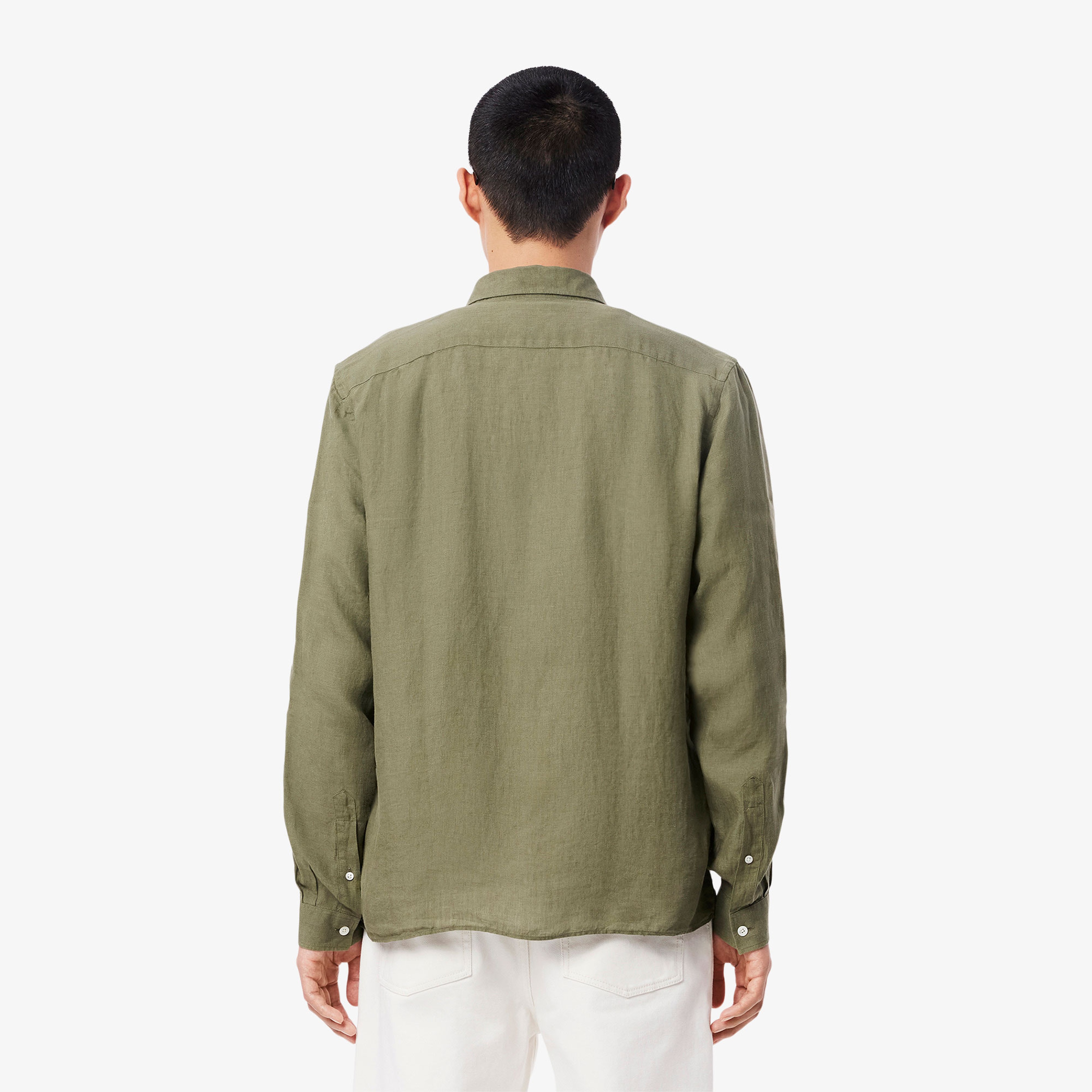 Erkek Regular Fit Düğmeli Yaka Keten Haki Gömlek