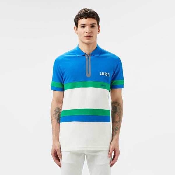 Erkek Regular Fit Yarım Fermuarlı Renk Bloklu Beyaz Polo