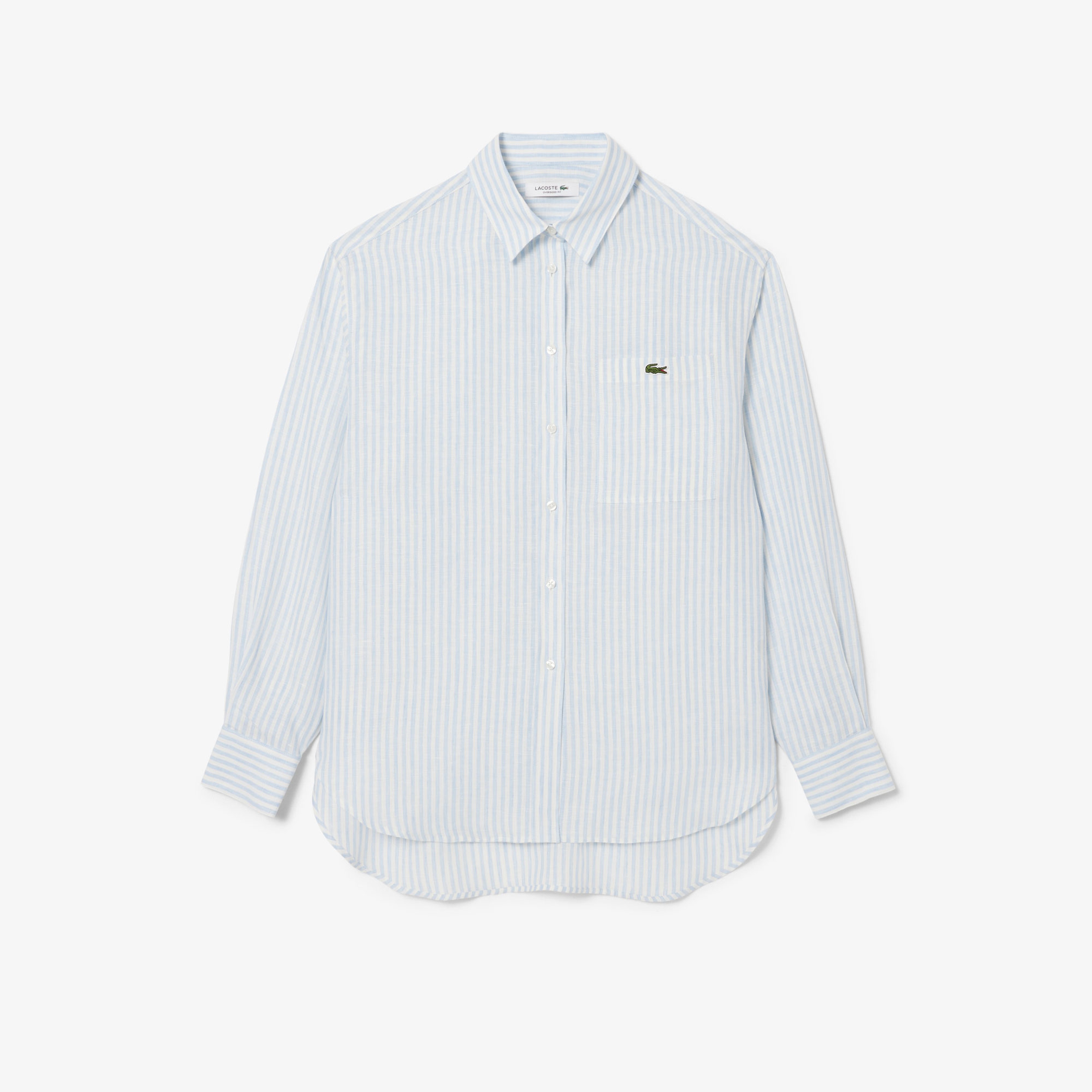 Kadın Oversize Fit Çizgili Keten Açık Mavi Gömlek