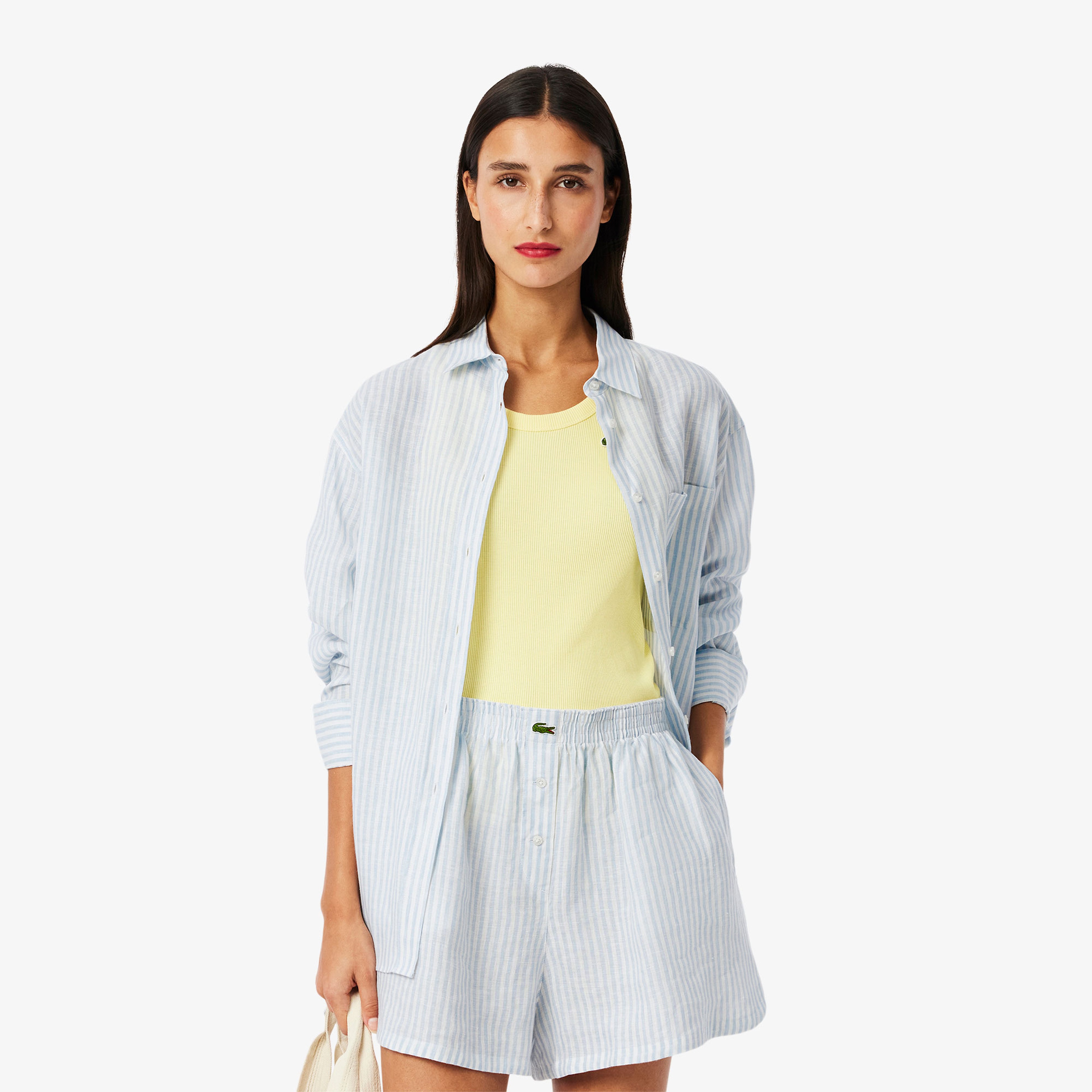 Kadın Oversize Fit Çizgili Keten Açık Mavi Gömlek