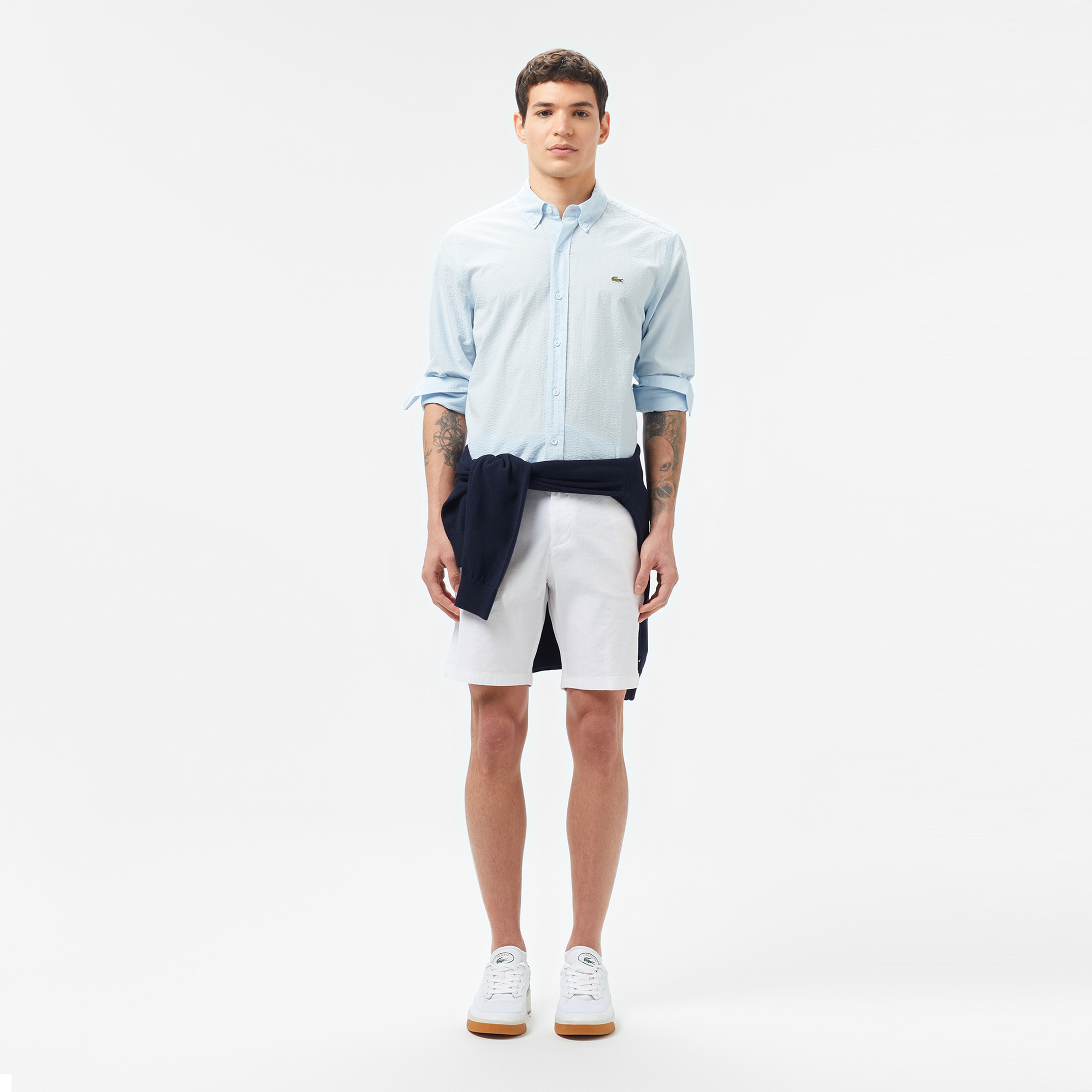 Erkek Slim Fit Düğmeli Yaka Açık Mavi Gömlek