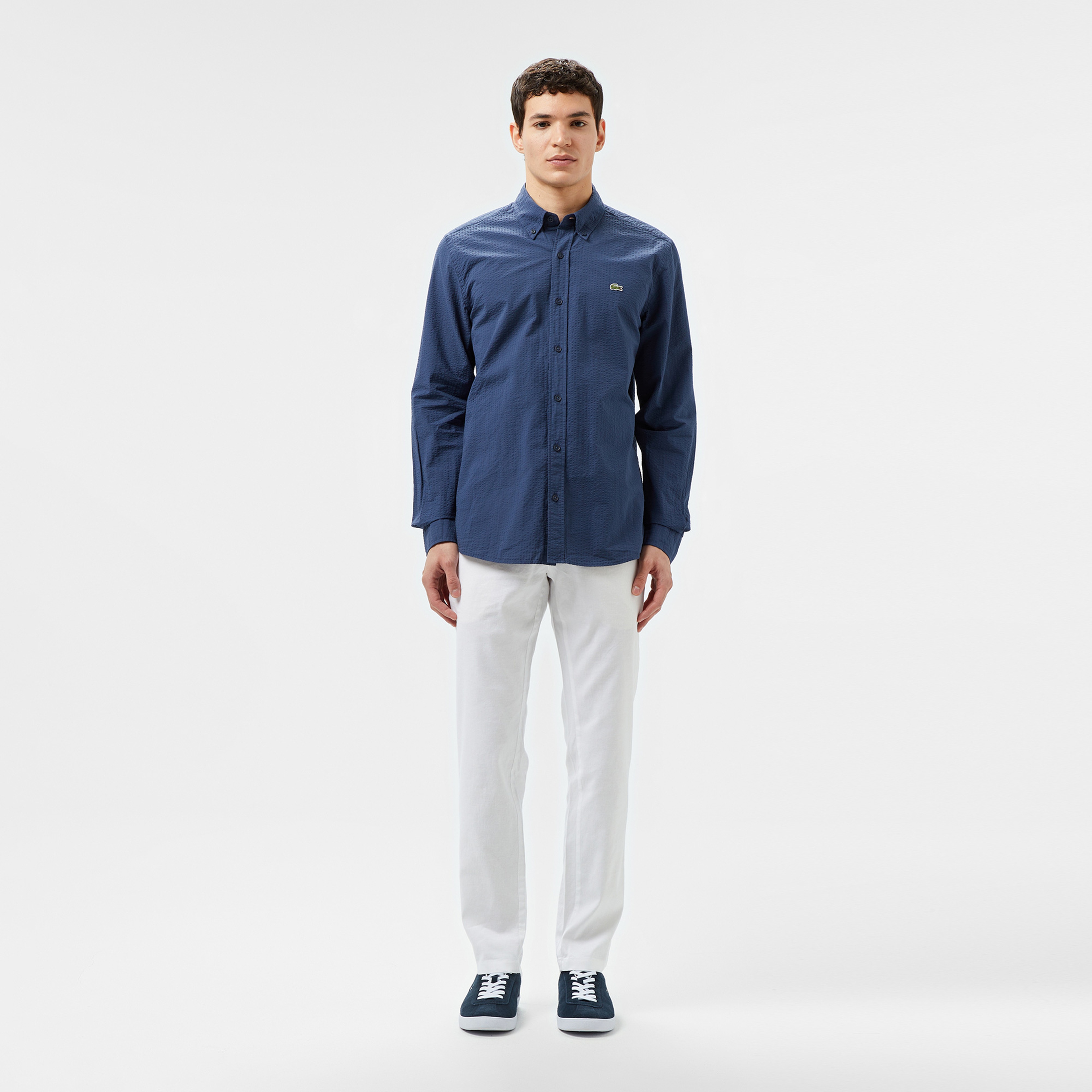 Erkek Slim Fit Düğmeli Yaka Lacivert Gömlek